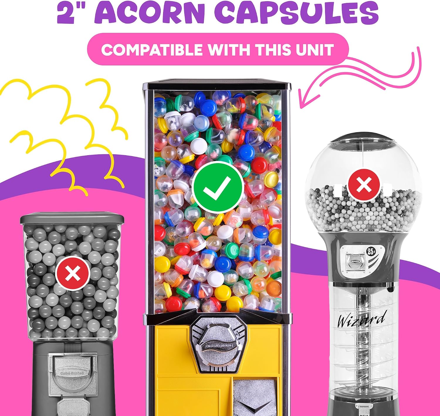 Entervending Vending Machine Capsules - 2 Inch Frosty-Clear Acorn Capsules - 50 Pcs Empty Toy Capsules - 7 Colors Plastic Capsules for Toys - 51 mm Prize Machine Capsules - Claw Machine Containers - Image 5