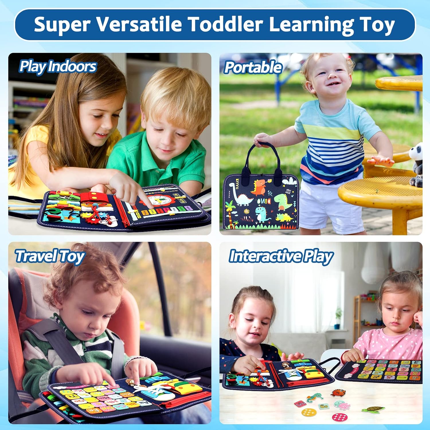 Qizfun Montessori Busy Board & Busy Book for Toddlers – Sensory & Learning Toy That Keeps Kids Busy, Travel Toy for Airplane & Car, Screen for Boys & Girls (Blue/P4) - Image 4