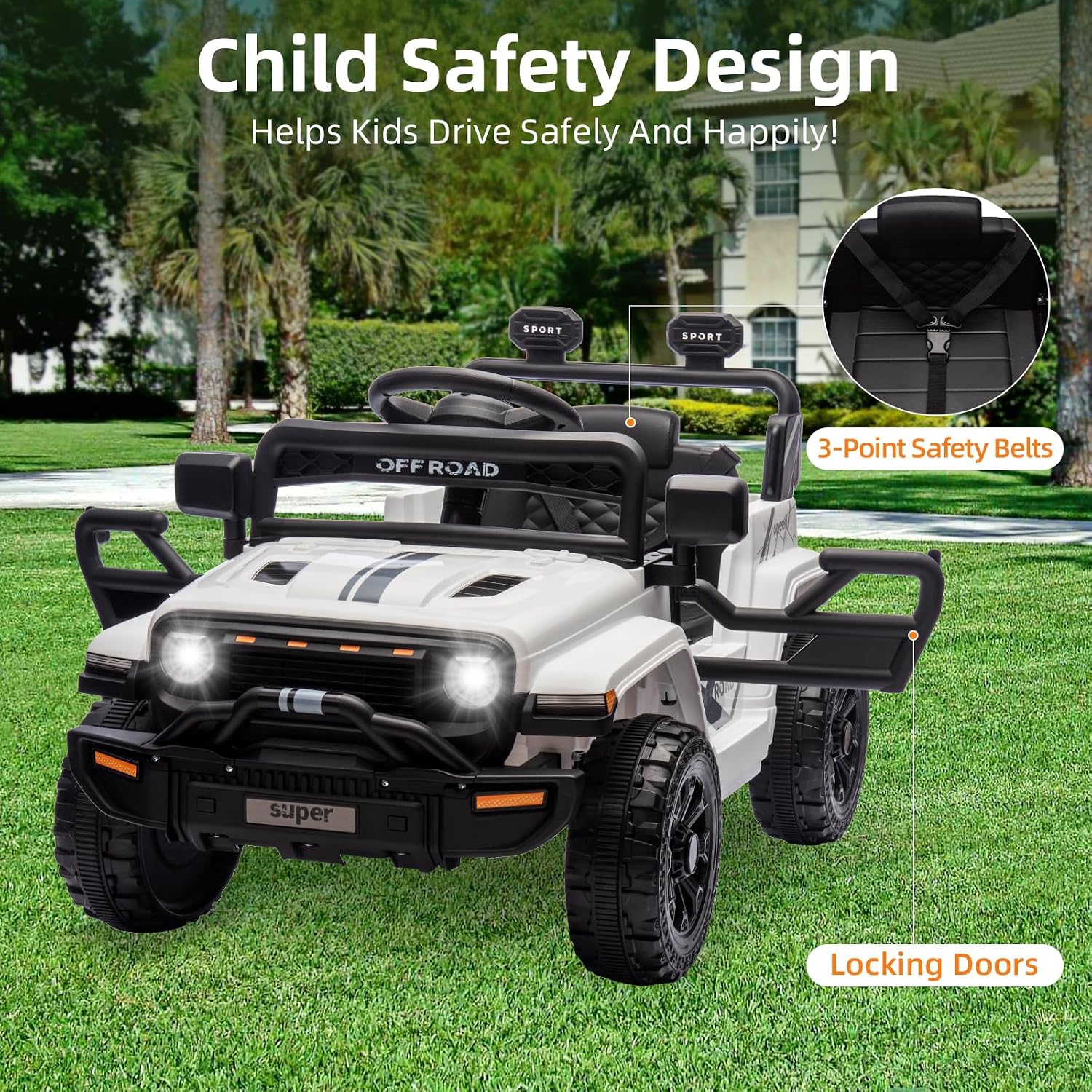 Ride On Truck Car, 12V Ride On Toy w/Parent Remote Control, Steering Wheel Music, 4-Wheel Spring Suspension, Led Lights, 2 Speeds, Kids Electric Vehicles for Age 3-5, White - Image 7
