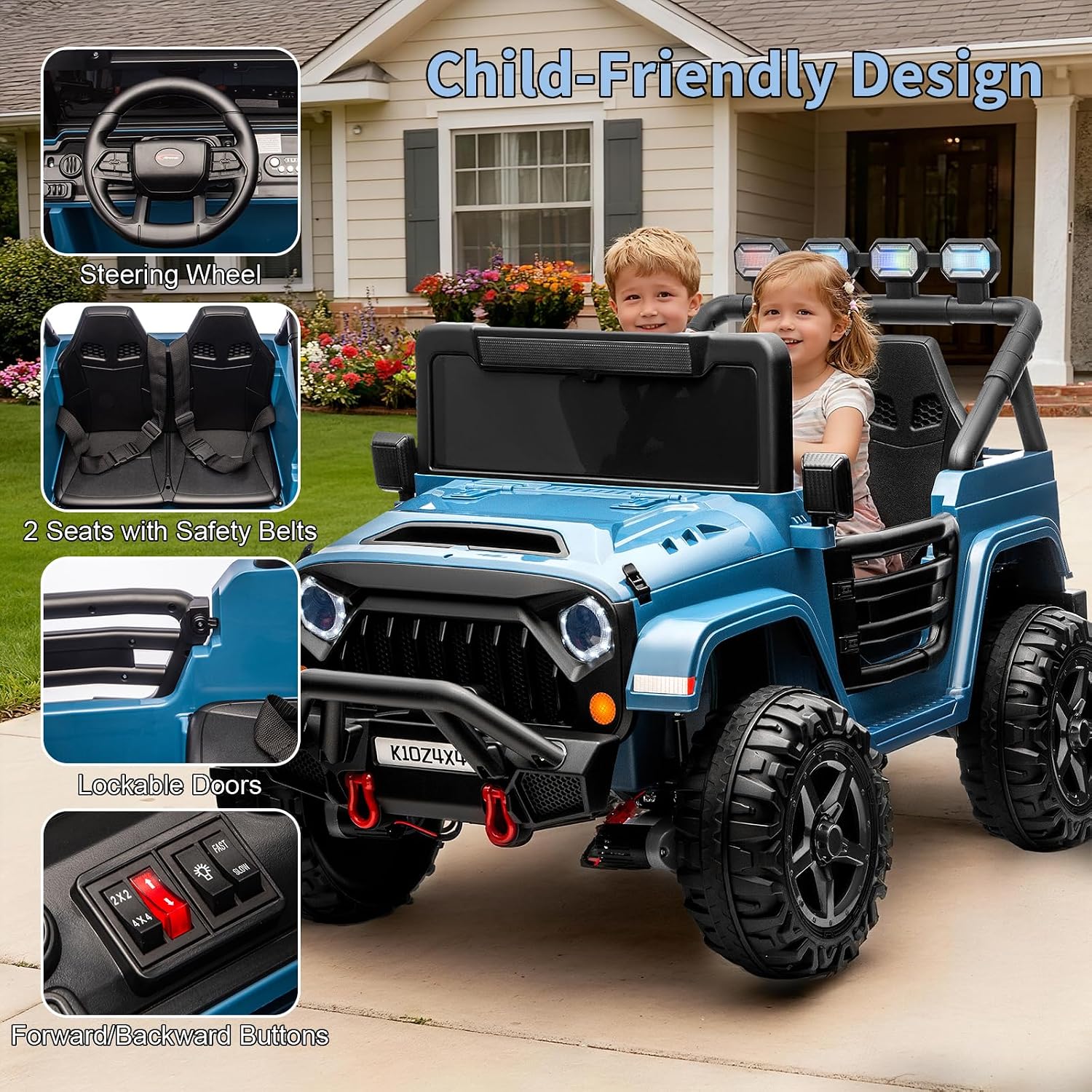 Kids 24V 2-Seater Electric Ride On Car, 4x4 Ride On Truck w/Remote Control, 4-Wheeler Suspension, 3 Speeds, Led Lights, Bluetooth, Ride on Car Toy for Kids Ages 3-8, Cyan Blue - Image 5
