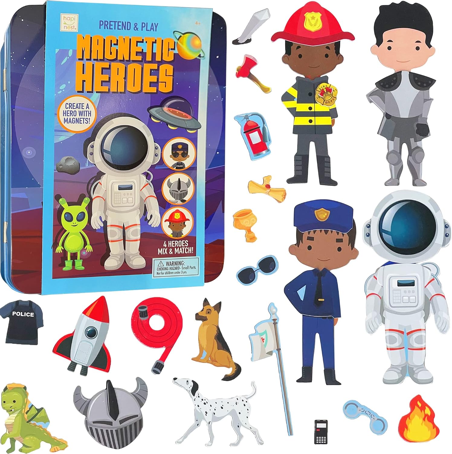 Hapinest Magnetic Heroes Pretend and Play Travel Playset Toy for Boys Ages 4 Years and Up, Fireman, Policeman, Knight, Astronaut - Image 2