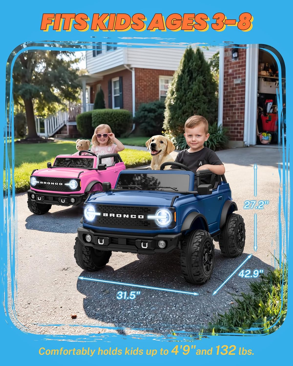 ENYOPRO 24V Ride on Toys, Licensed Ford Bronco Base 2 Seater Ride on Car for Kids, Electric Car with Remote Control, Seat Belts, LED Headlights, Bluetooth, Soft Start, Spring Suspension (Blue) - Image 7