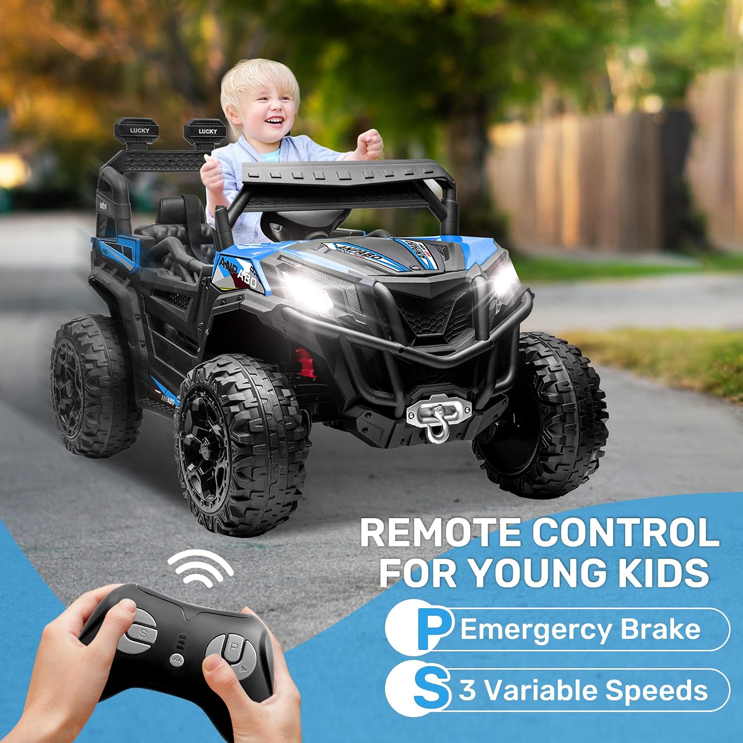 ANPABO 24 Volt Ride on Toys for Boys w/Remote Control, 4X75W Motors, Max 4.5MPH, 4WD/2WD Switchable, 4 Shock Absorbers, 19" Spacious Seat, Bluetooth, Electric Car for Kids (Blue) - Image 5