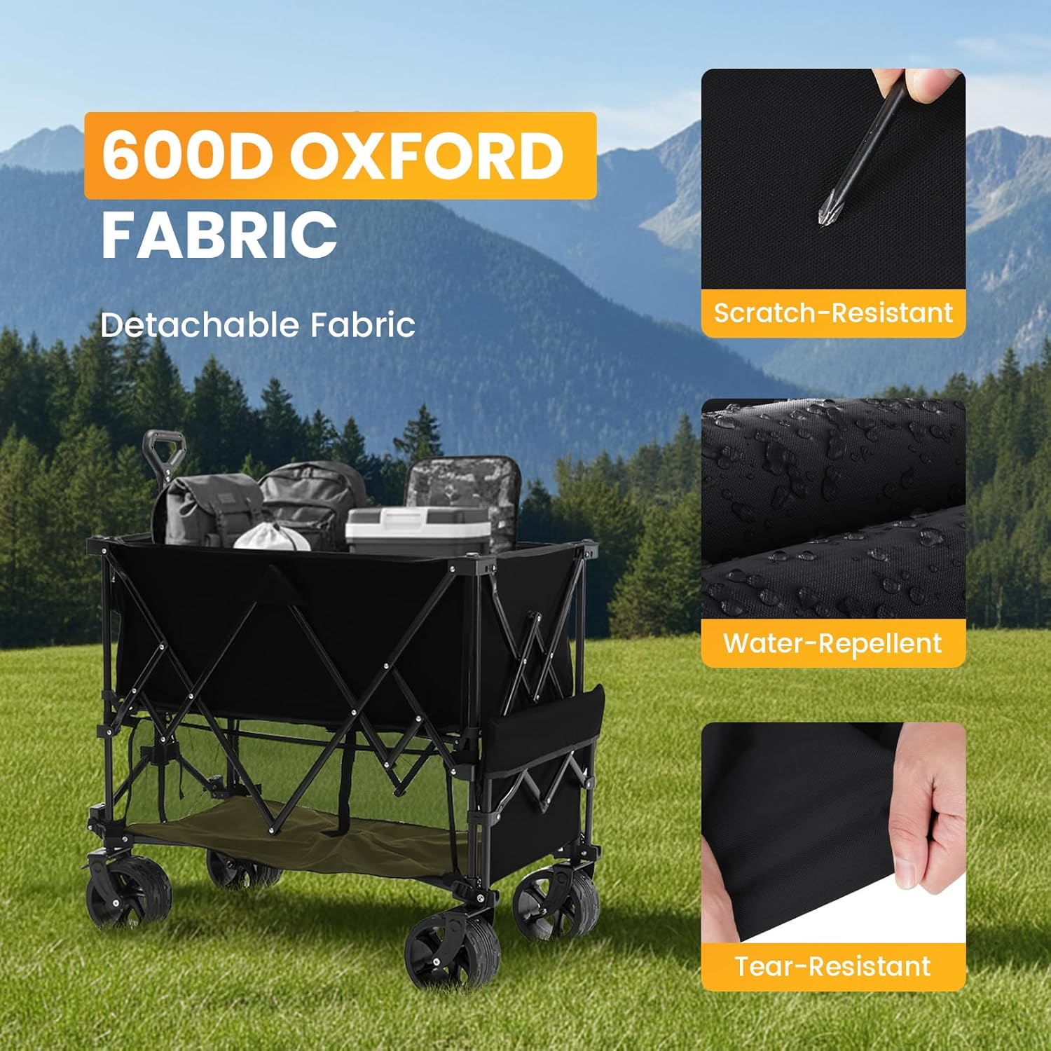 NEWBULIG Large Capacity Folding Double Decker Wagon with Brakes, 440lbs Wagons Carts Foldable Wagon Cart with Flexible Handle, All-Terrain Big Wheels for Grocery Sports Garden Camping - Image 4