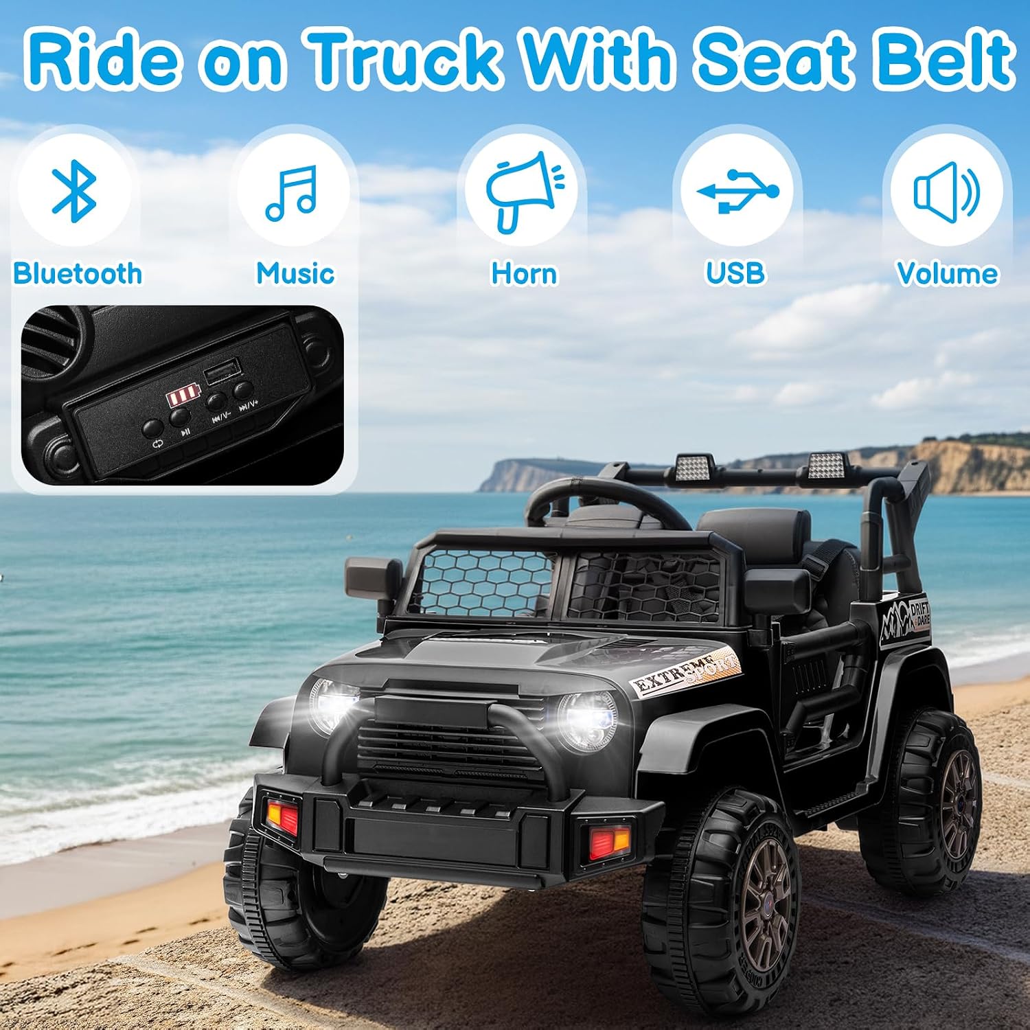 Winado 12V Electric Car for Kids, Ride on Truck for Toddlers with Remote Control, Battery Powered Kids Electric Vehicle to Drive w/Bluetooth, Soft Start, LED Lights - Black - Image 5