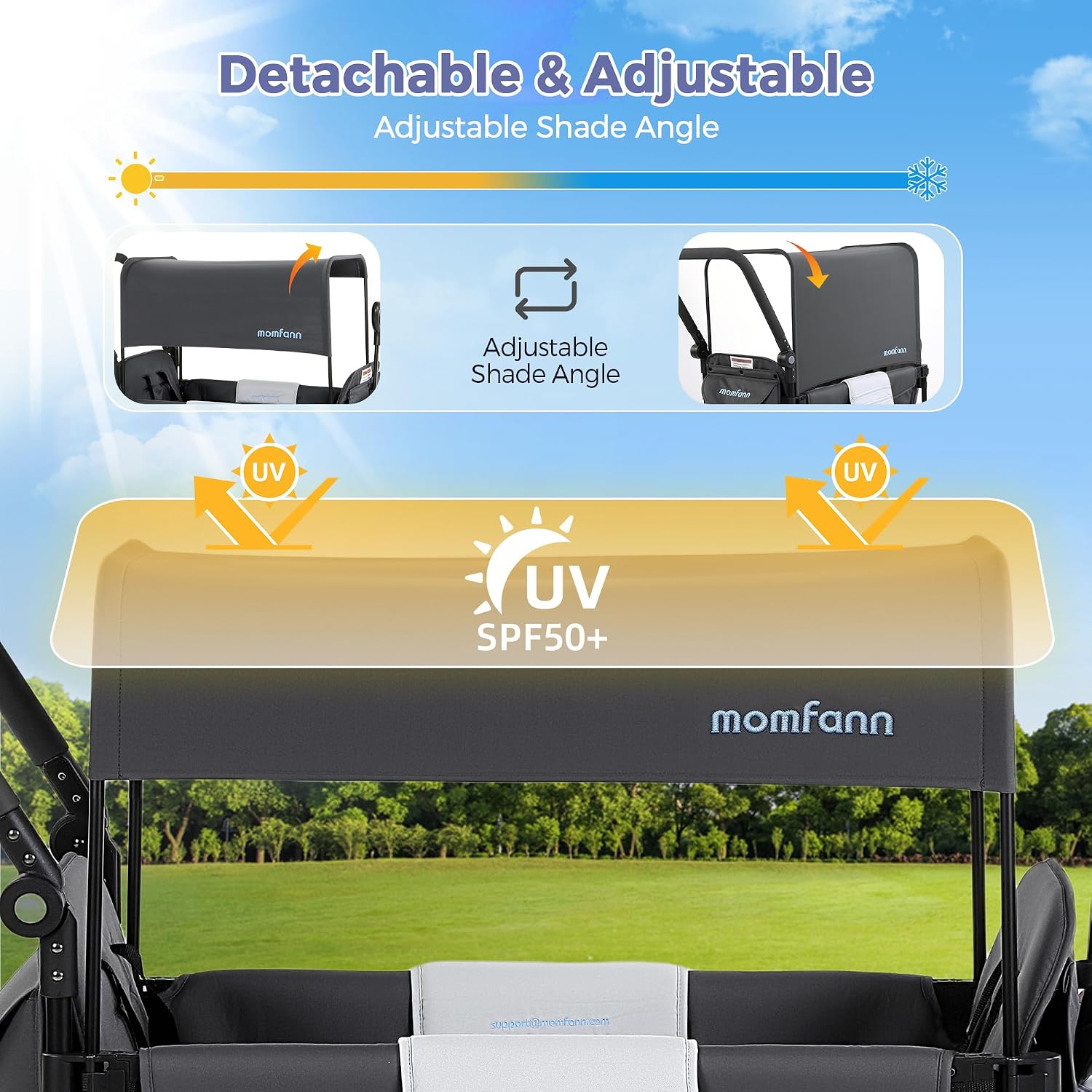 MOMFANN Wagon Stroller for 2 Kids, All-Terrain Foldable Baby Wagon with Adjustable Push & Pull Handle, 5-Point Harness, Removable Canopy, Footwell & Large Storage Bag-Gray - Image 3