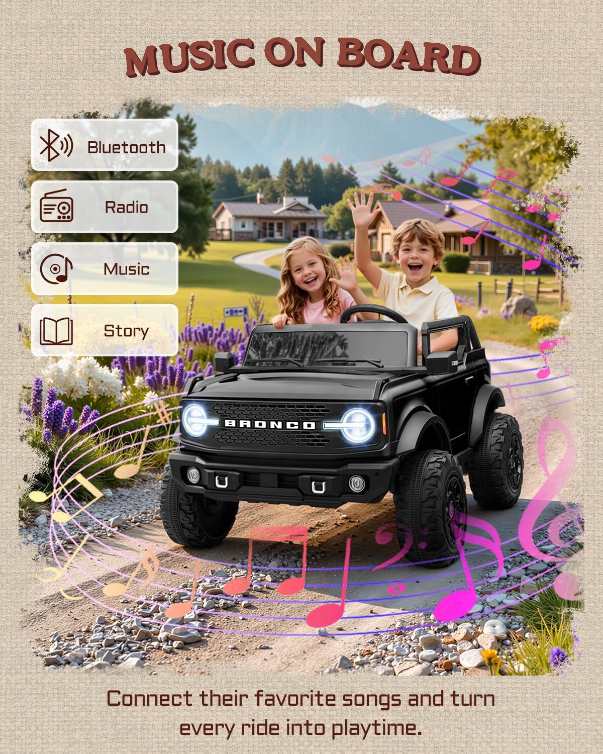 First Ride On 24V Ride on Toys for Big Kids, 2 Seater Licensed Ford Bronco Base Ride on Car, Electric Car for Kids with Parent Remote Control, Bluetooth, Seat Belts, Spring Suspension and LED (Black) - Image 3