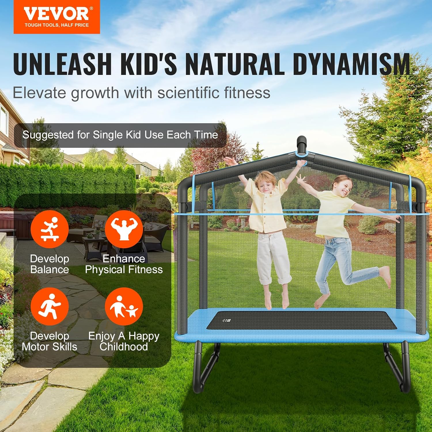 VEVOR 6FT Trampoline 72" Indoor/Outdoor Trampoline, Mini Trampolines with Safety Enclosure Net, Gymnastics Bar, Hammock, Recreational Trampoline Birthday - Image 2