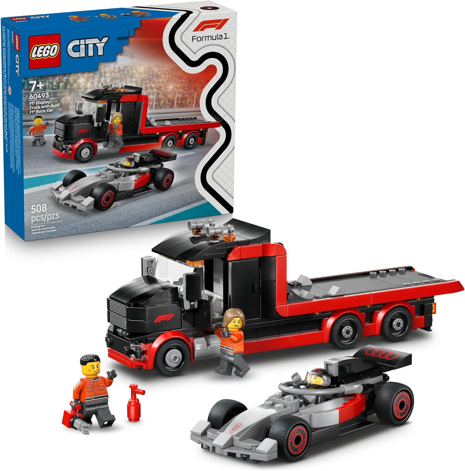 LEGO City F1 Display Truck with Audi F1 Race Car - Building Toy for Boys & Girls, Ages 7+ - F1 Car Toy for Pretend Play - Gift for Birthdays - 60493
