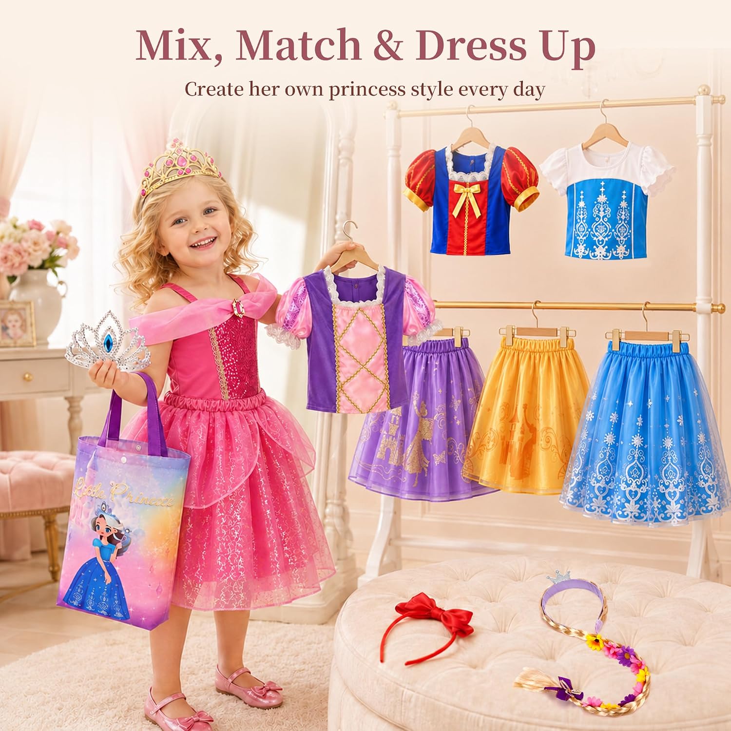 Meland Princess Dress Up for Girls 3-8, 4 Princess Outfits with Jewelry, Princess Role Play Toy Gift for Birthday & Christmas - Image 4