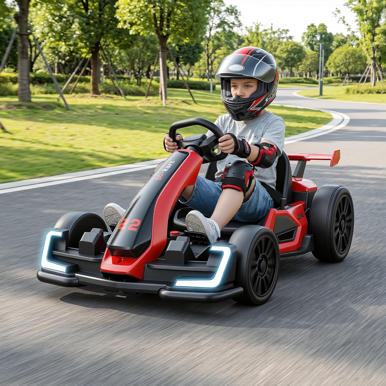 Hikole Go Kart 24V Electric Drift Cart for Kids 6-12-14, Adjustable Seat, 300W Motor, Max 8.5 MPH Speed, Safety Belt, EVA Tires, LED Lights, Bluetooth, Outdoor Ride On Toy Gift, Red - Image 7