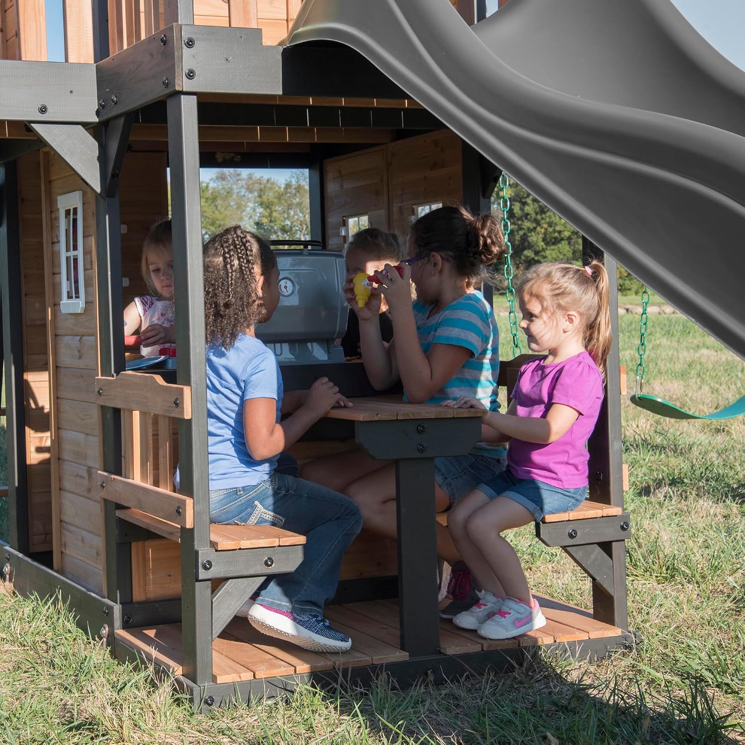 Backyard Discovery Canyon Creek Cedar Wood Swing Set with Wave Slide, Clubhouse, Play Kitchen, Picnic Area, Belt Swings, Web Swing, Rock Wall, Balconies, Playhouse, Step Ladder, Outdoor Playset - Image 6