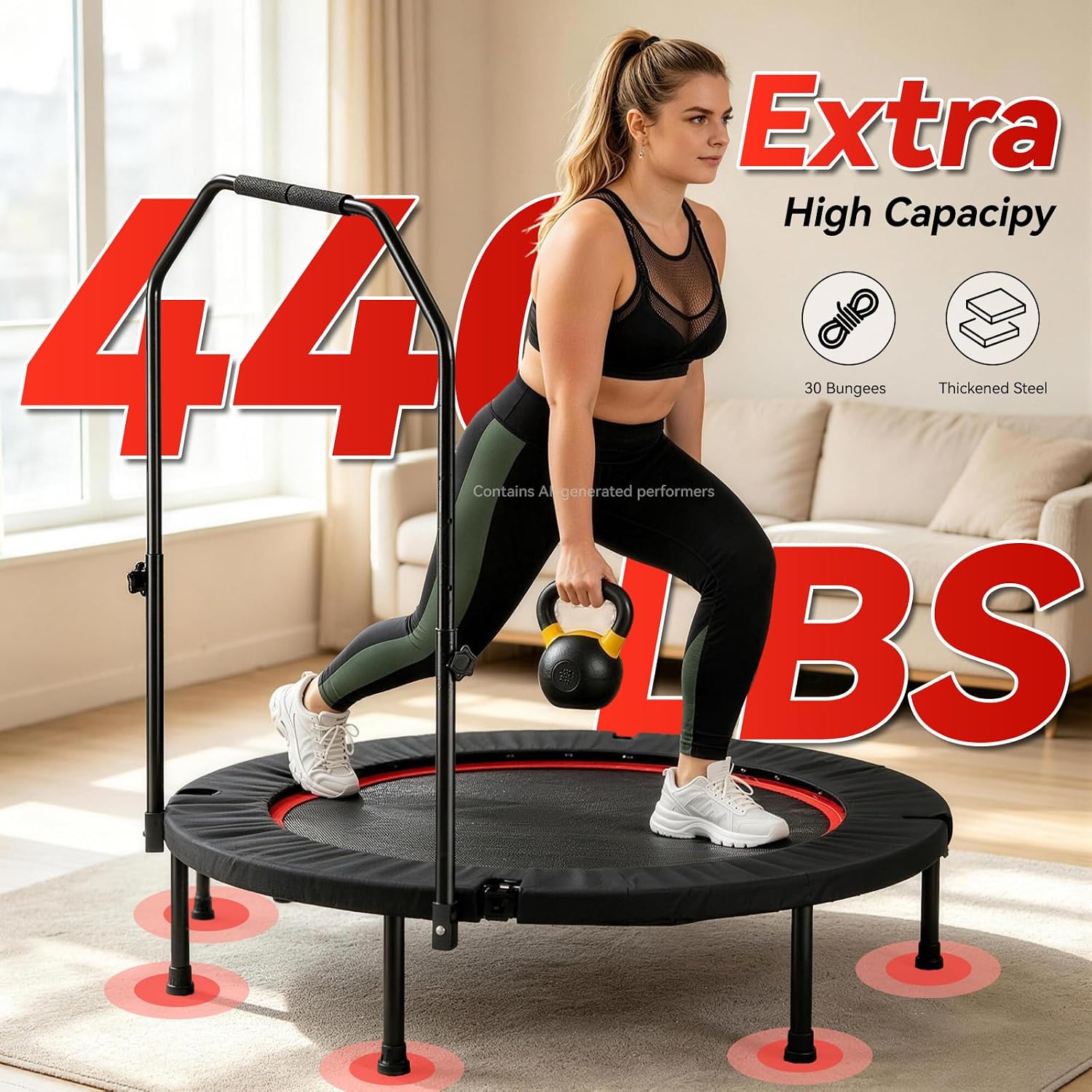 Trampoline, Portable Foldable Trampoline in-Home Mini Rebounder with Adjustable Handle, Exercise Trampoline for Adults, 40" Max Load 330lbs - Image 3