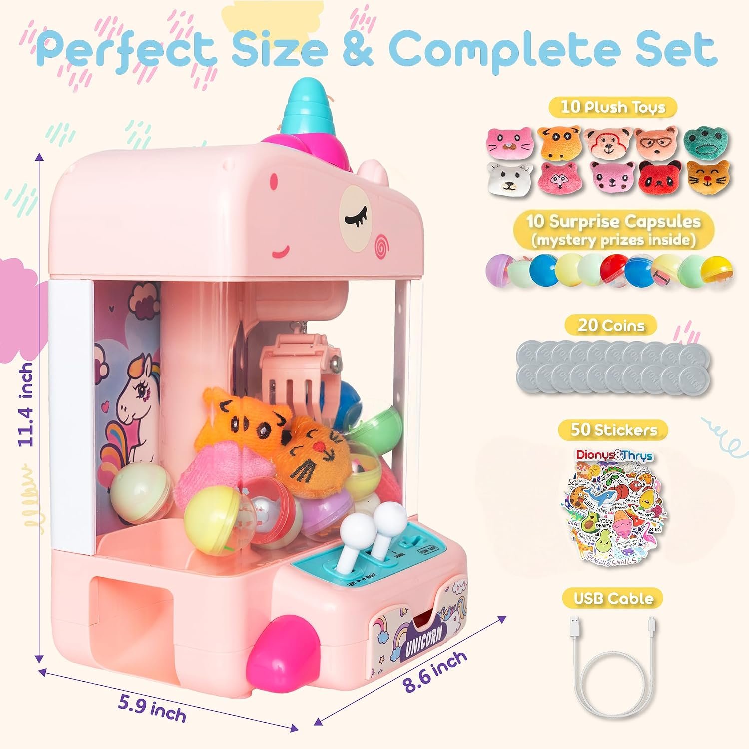 Claw Machine for Kids - Mini Arcade Game - Vending Machine - Candy Grabber Toys - Silent Mode, Lights, USB - Plush Toys & Easter Eggs, Surprise Stickers - Fun Gift for Kids, Boys & Girls (Unicorn) - Image 2