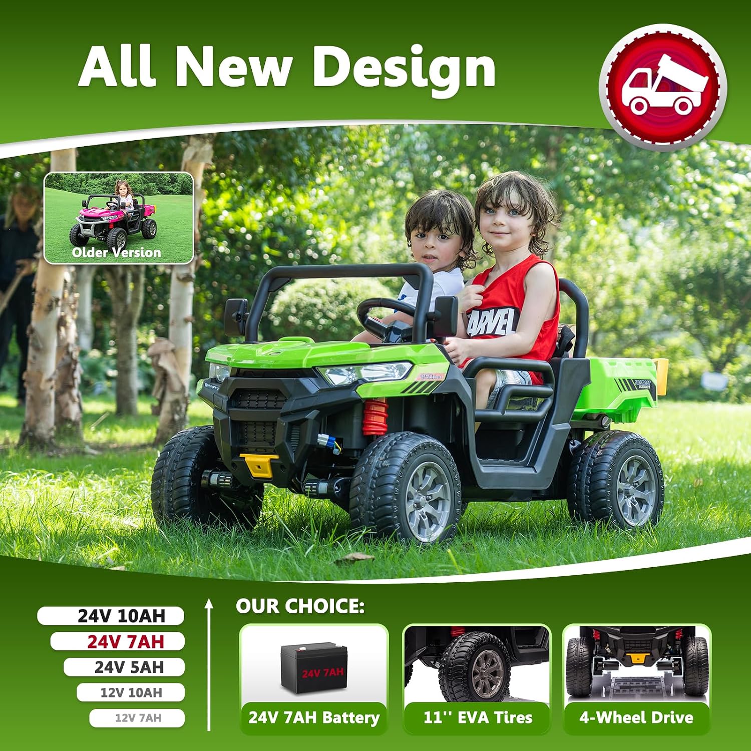 Sopbost 2 Seater 24V Ride On Truck with EVA Tires Wheels 4WD Kids Electric Car with Dump Bed Ride On Toy Car with Remote Control, Kids UTV for Boys Girls, Extra Shovel,Music, Green - Image 3