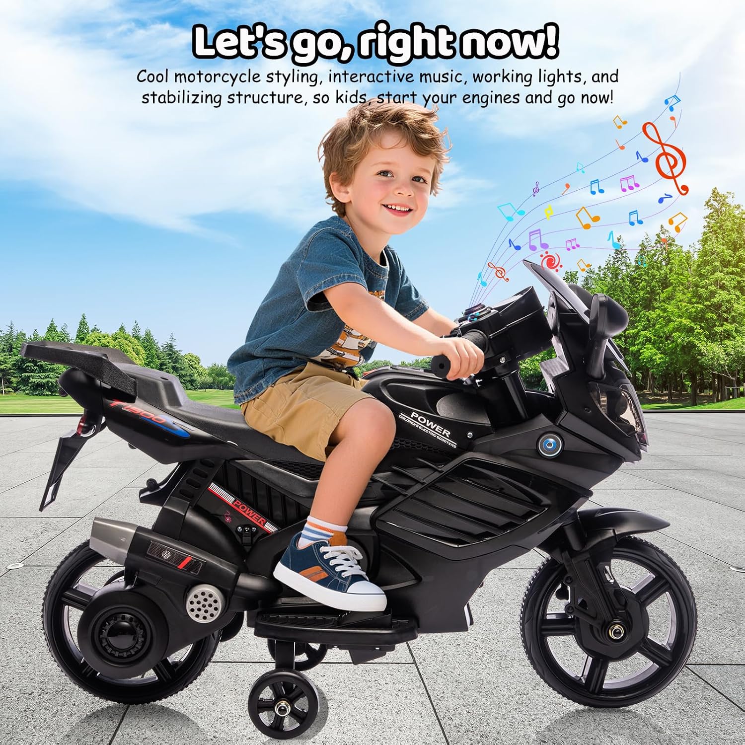 Kids Ride On Motorcycle, 6V Battery Powered Electric Motorcycle, w/Treaded Tires, Horn, Working Headlight, Music, Training Wheels, Stable Ride On Toys for Kids Toddler Boys Girls 3-6, Black - Image 2