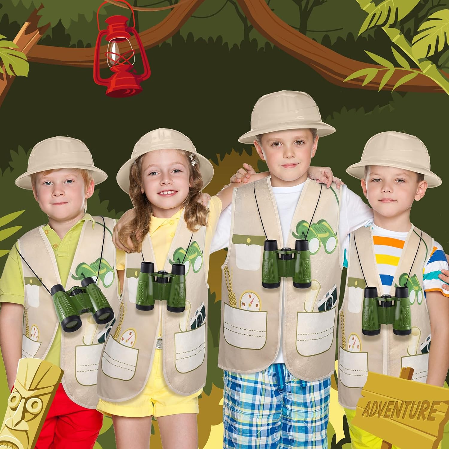 Haysandy 48 Pcs Kids Explorer Costume Set Include Plastic Explorer Safari Hats Jungle Party Vest Safari Tote Bag Adventure Binoculars for Kids Activities Jungle Zoo Birthday Party Supplies Favors - Image 3