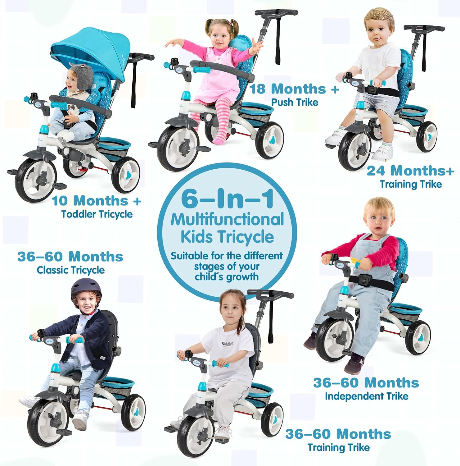 Costzon Tricycle for Toddlers, 6 in 1 Trike w/Parent Handle, Adjustable Canopy, Storage, Safety Harness & Wheel Brakes, Baby Push Tricycle Stroller for Kids Boys Girls Aged 9 Month-5 Years Old, Blue - Image 2