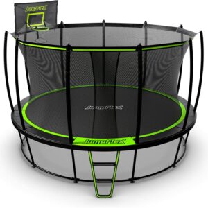 JumpFlex Hero Round Outdoor Backyard Trampoline with Net Safety Enclosure and Ladder – Heavy-Duty Jumping Trampoline Play Equipment for Family