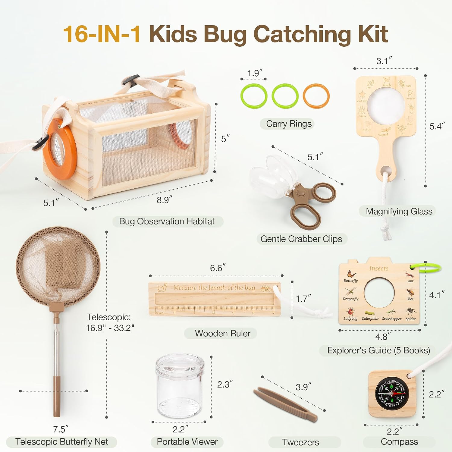 Wooden Bug Catcher Kit for Kids, 16-in-1 Outside Toys for Toddlers STEM Outdoor Explorer Set with 3-Way Observation Habitat, Butterfly Net, Magnifying Glass, Educational Gift for Boys Girls Ages 3-8 - Image 7