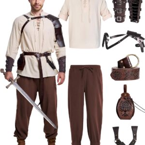8 Pcs Men’s Renaissance Costume Halloween Medieval Pirate Shirt Pant Viking Costume Accessories Set