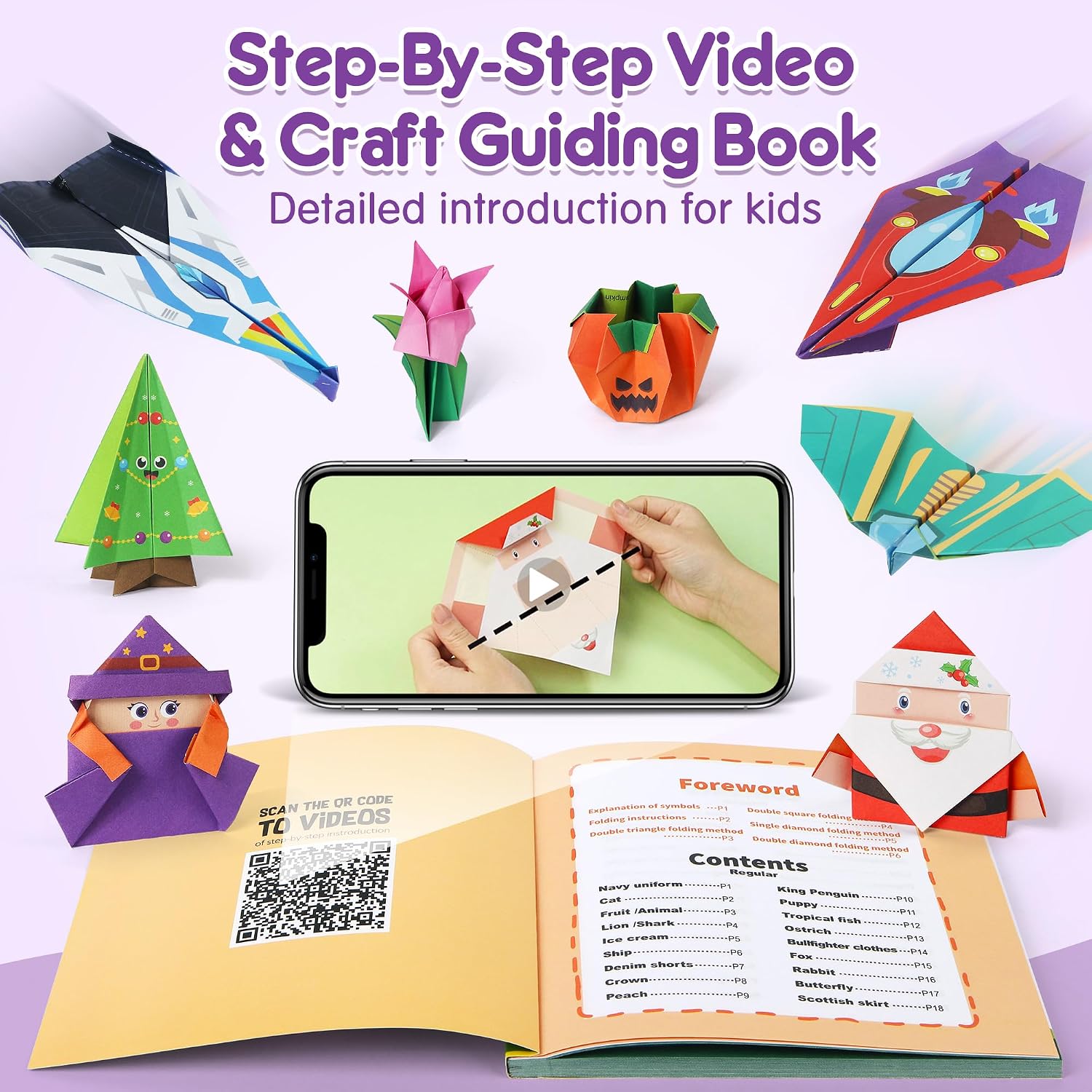 Mocoosy 320 Sheets Origami Kit for Kids Ages 5-8 9-12, Folding Paper Set with Origami Book & Paper Airplane, DIY Art Craft Project for Boys Girls, Travel Game Airplane Car Road Trip Activity Toy Gift - Image 3