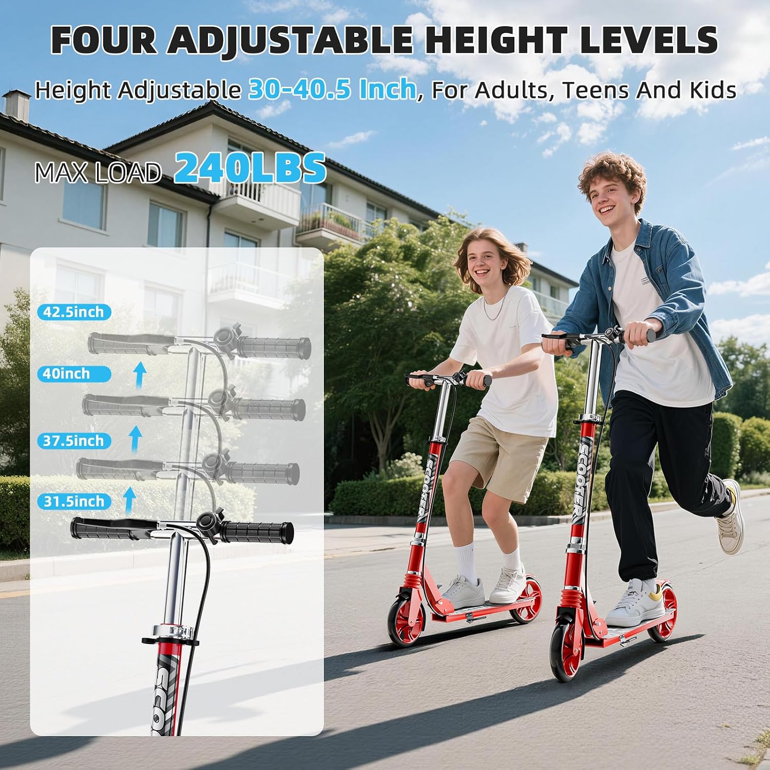 Scooters for Kids 8-12, Teens & Adults - Load 240 LBS, 8-Inch Wheels, Kick Scooter with Shock Absorption System, Hand Brake & Bell, 4 Adjustable Height Levels, Perfect for School, Commuting or Park - Image 4