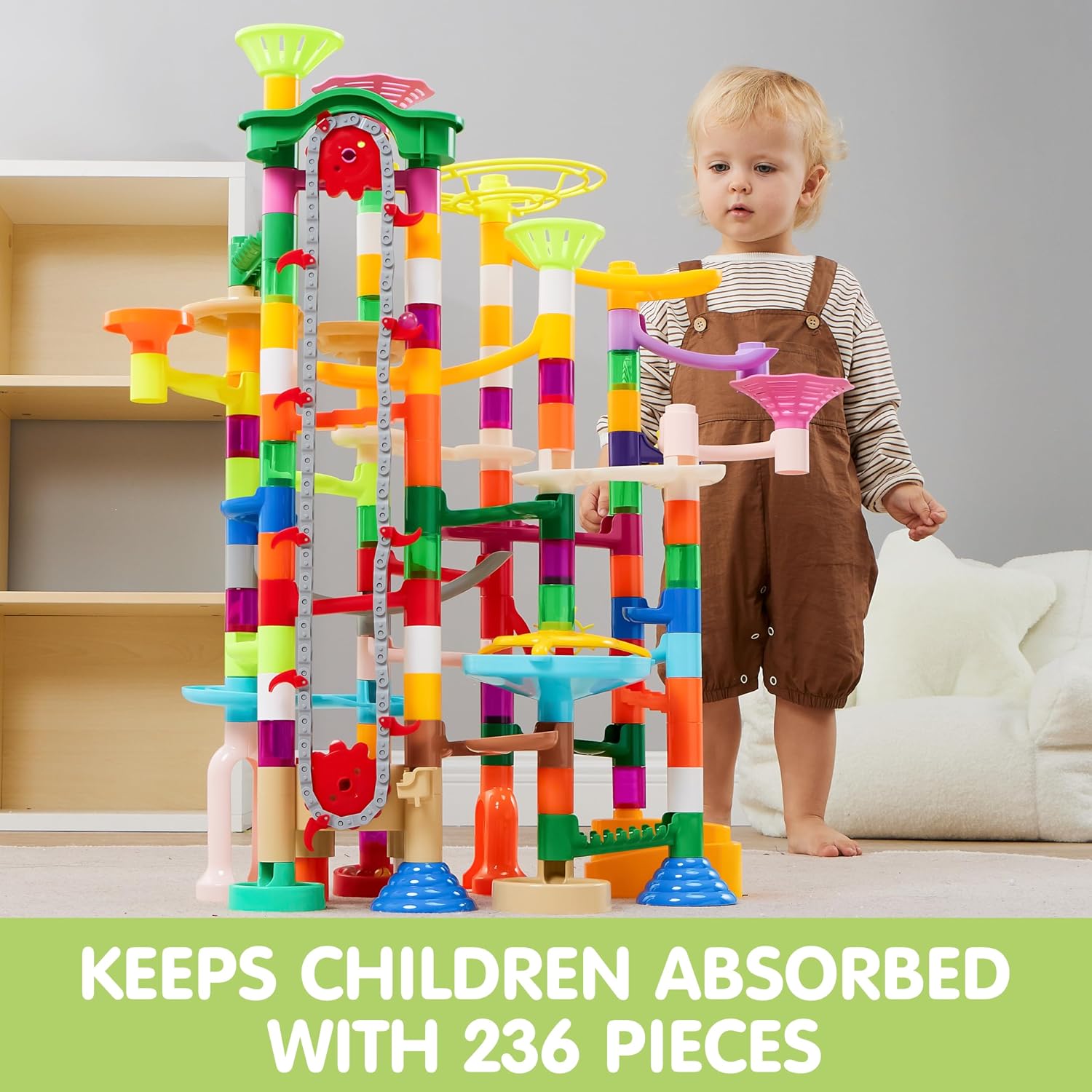 JOYIN 236Pcs Glowing Marble Run with Motorized Elevator- Construction Building Blocks Toys with 30 Glow in The Dark Plastic Marbles, STEM Toy for Boys and Girls, Birthday Gift, Easter Basket Stuffers - Image 7