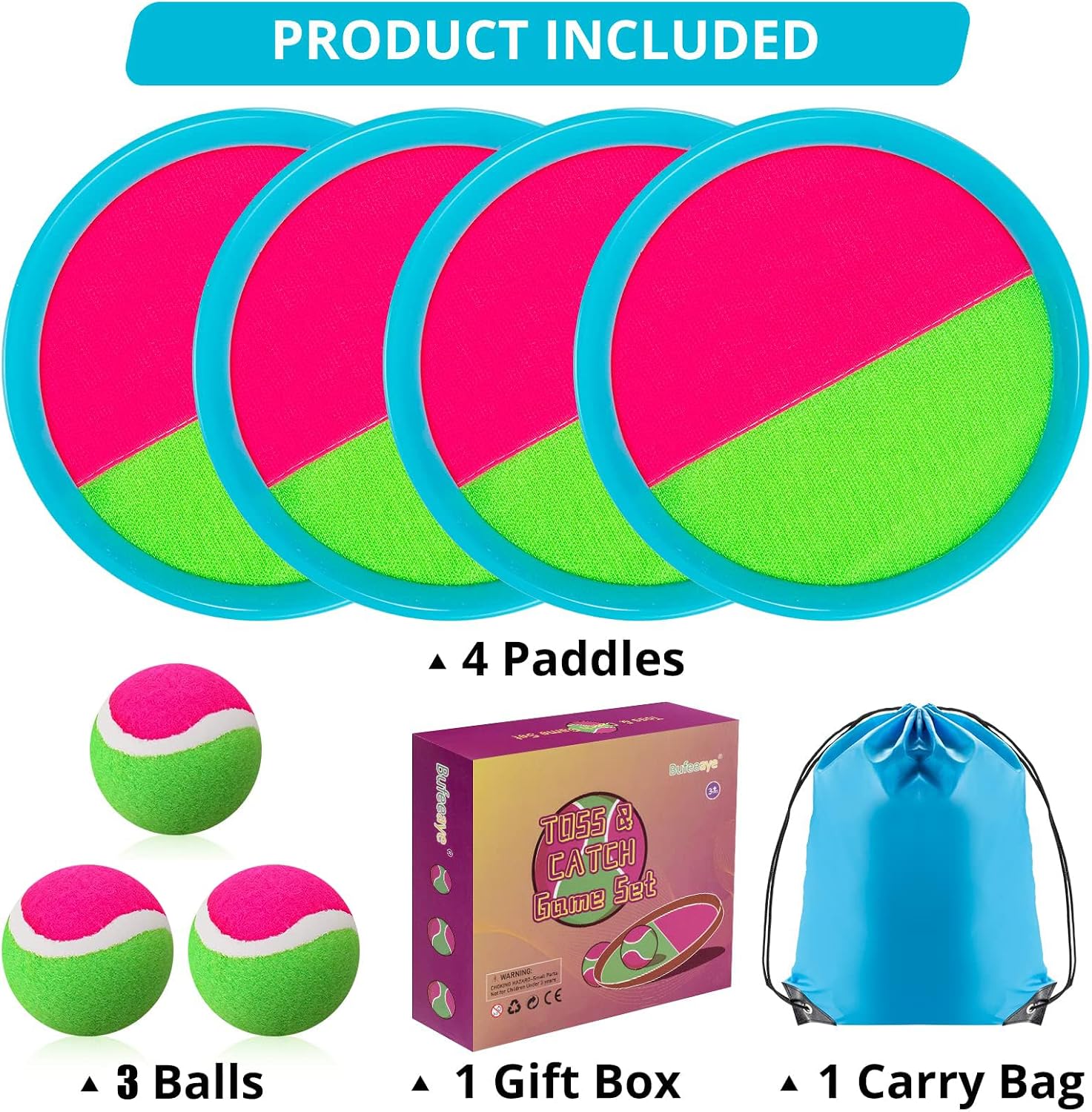 Beach Games, Outdoor Toys for Kids Ages 4-8, Toss and Catch Ball Set, with 4 Paddles 3 Balls, and 1 Storage Bag, Beach Toys Easter Gifts for Kids - Image 7