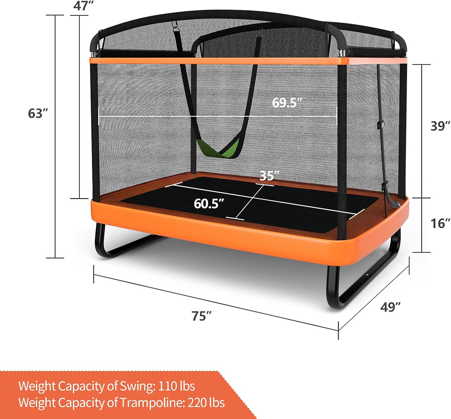 Giantex 6 FT Trampoline for Kids with Swing, Toddler Trampolines with Safety Enclosure Net, ASTM Approved, Rectangle Indoor & Outdoor Mini Kids Trampoline - Image 6