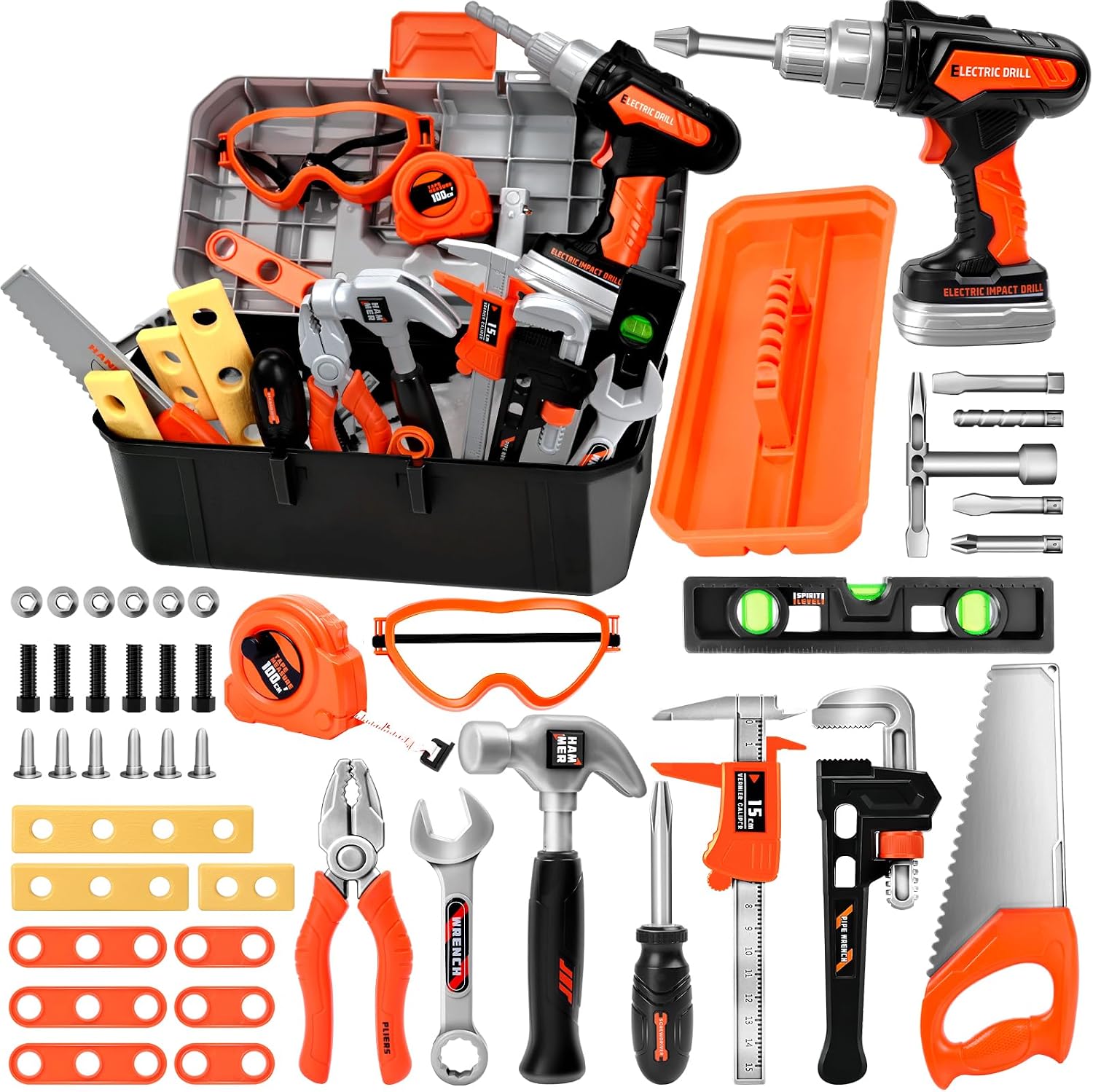 Kids Tool Set with Hard Toolbox, 43 PCS Pretend Play Construction Toys with Battery Powered Toy Drill, Toddler STEM Educational Learning Gifts for Boys & Girls Age 3-8