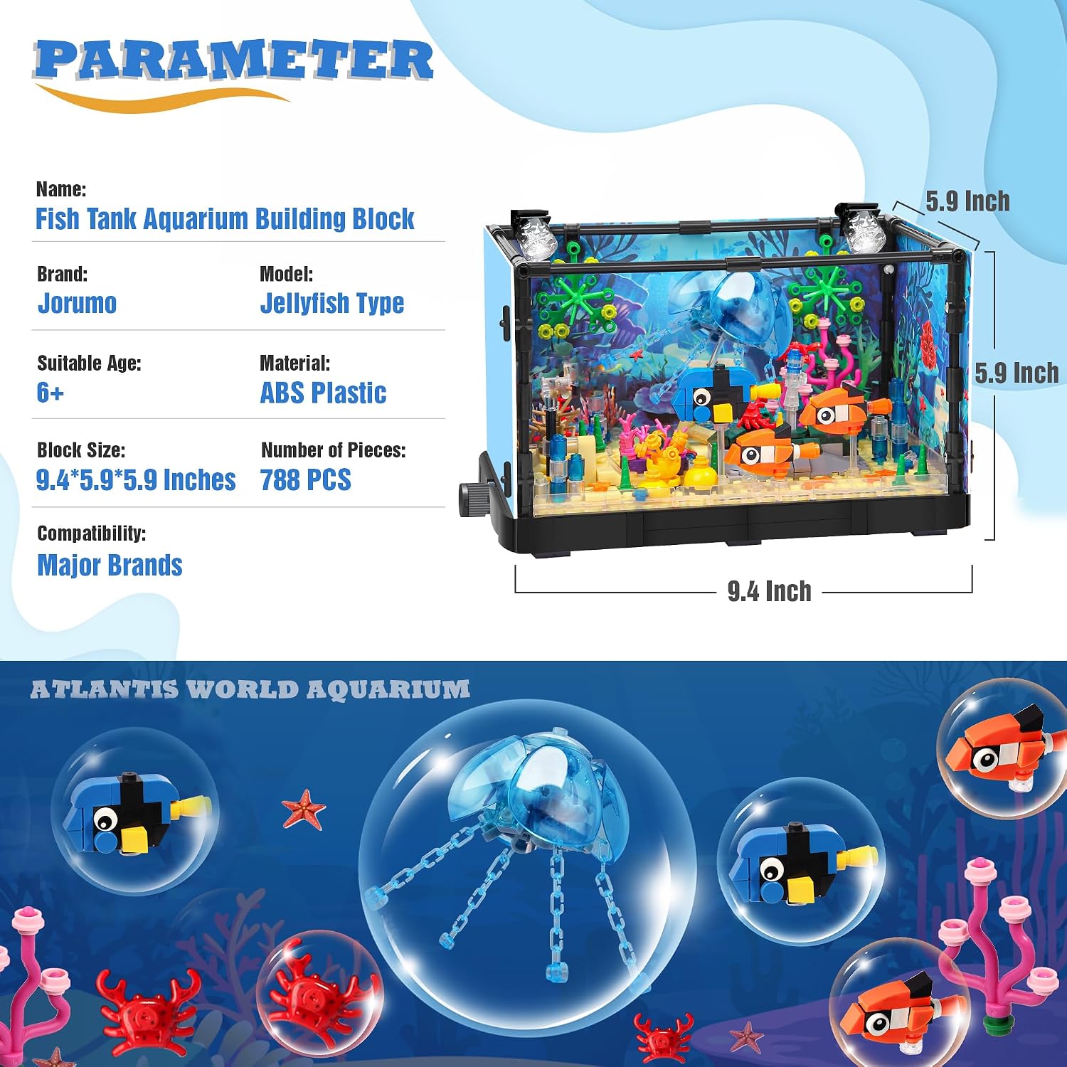 Jorumo Fish Tank Building Block, Lighting Aquarium Building Sets for Adults and Kids Including Ocean Jellyfish, Dolphin, Turtle, Crab, Animal Building Toys for Boys Age 12+, 725pcs - Image 5