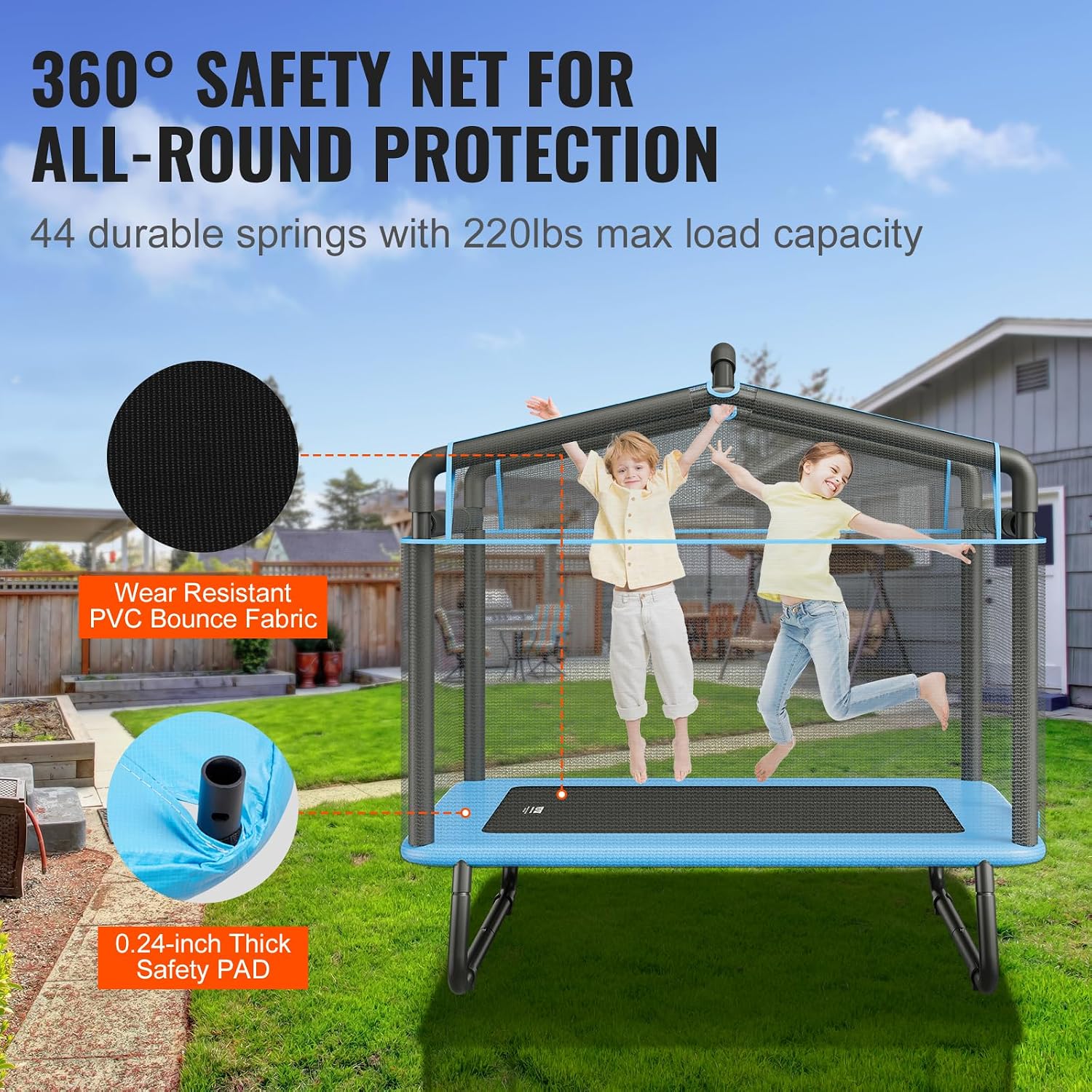 VEVOR 6FT Trampoline 72" Indoor/Outdoor Trampoline, Mini Trampolines with Safety Enclosure Net, Gymnastics Bar, Hammock, Recreational Trampoline Birthday - Image 4