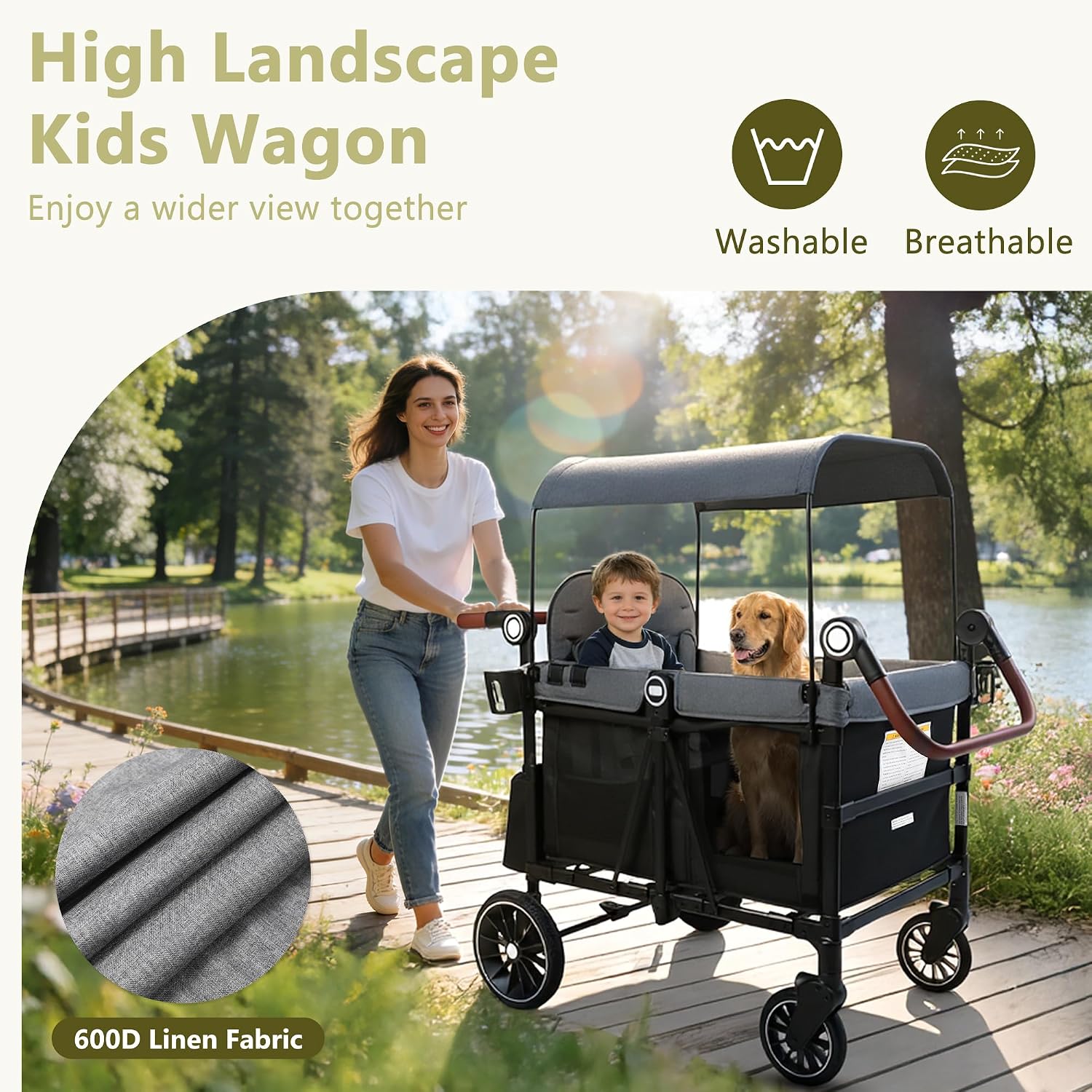 Kinder King Wagon Stroller for 4 Kids, Adjustable Handle, Black&Grey | All-Terrain 4 Seater Folding Outdoor Stroller Wagon, Removable Canopy, 5-Point Safety Harness, Detachable Tray, Large Storage - Image 4