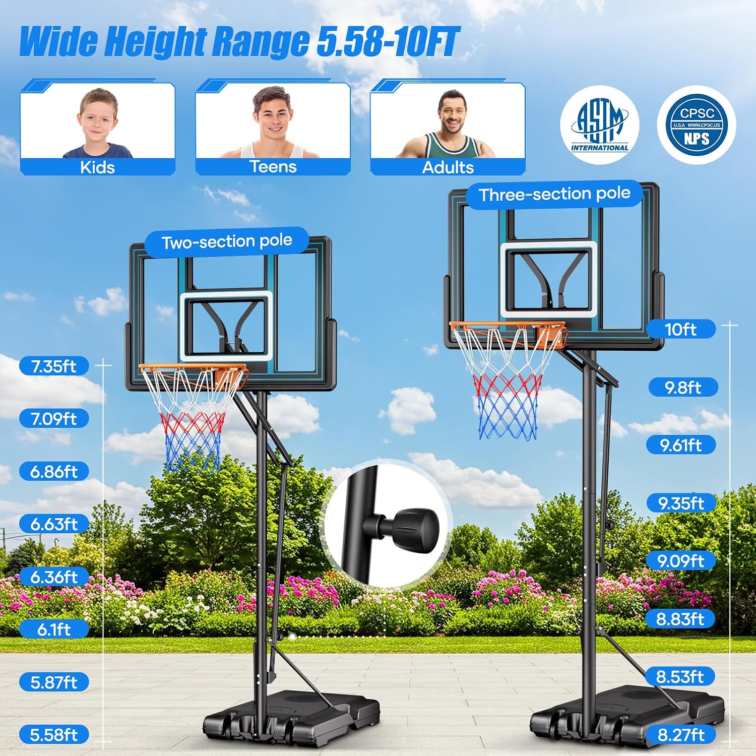 Asbest 44" Portable Basketball Hoop Outdoor | 5.5-10ft Stepless Adjustable Height Basketball Goal System for Driveway, Backyard, for All Ages - Image 6