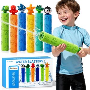 Toddler 6-Pack Animal-Handle Foam Water Blaster Guns for Kids 3 4 5 6 7+, Colorful Printed Squirt Water Shooters with Unique Animal-Shaped Grips, Birthday Outdoor Gifts for Toddlers Boys Girls
