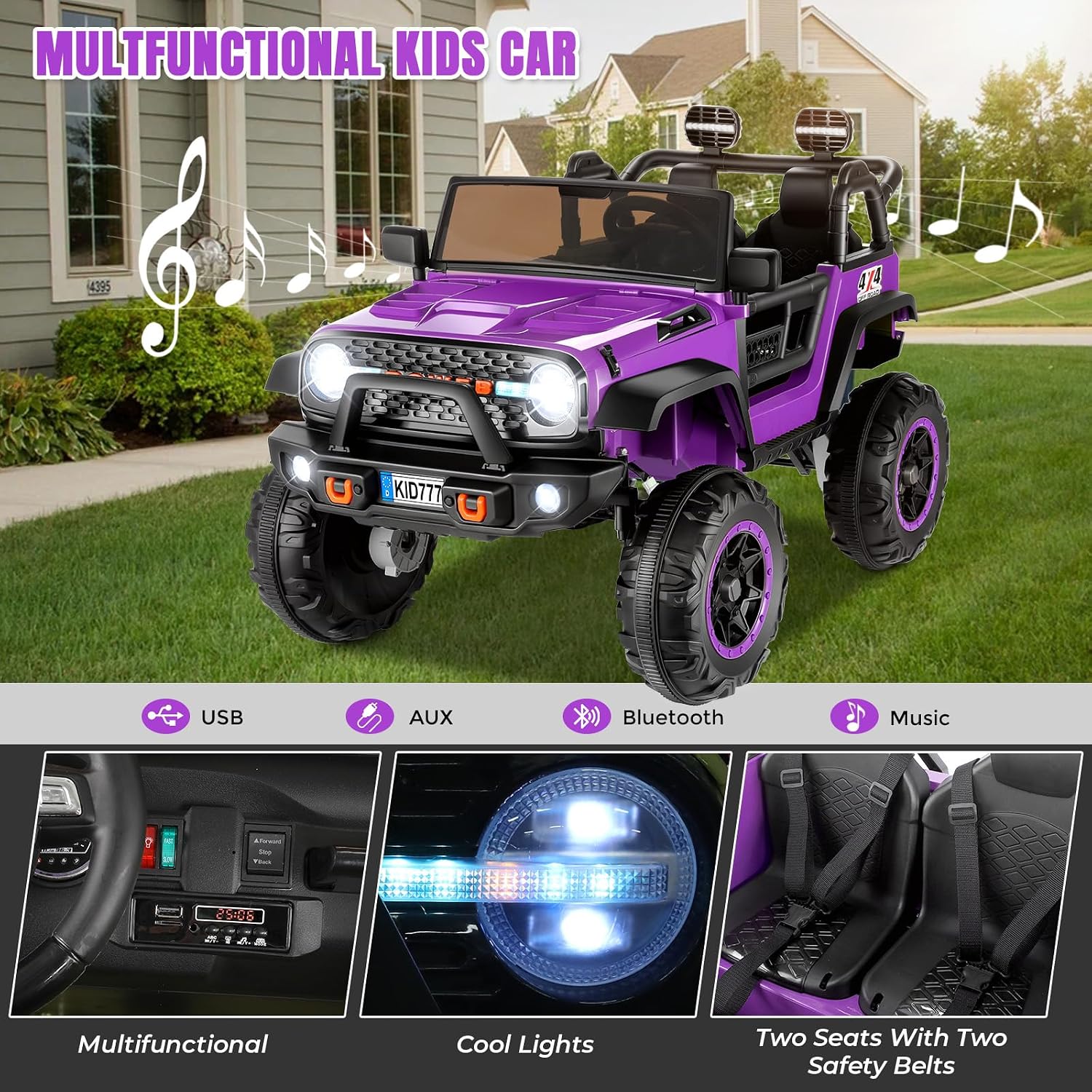 Hikole 24V 4WD Ride on Toys with Remote, 2 Seater Kids Electric Car with 20 Inch Seater, 4x100W Motors, 4 Shock Absorbers, Music Play,Bright Light, 24 Volt Kids Vehicles- Purple - Image 6