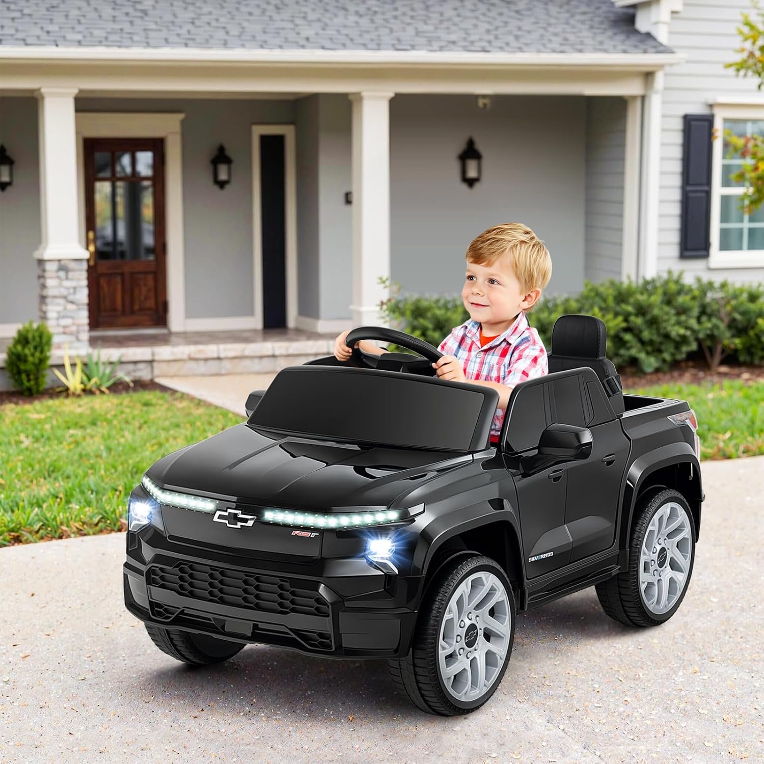 Costzon Ride on Car, 12V Licensed Chevrolet Truck, Kids' Electric Vehicles with Remote Control, Rear Storage, Music, USB, Lights & Spring Suspension, Kids Car Toy for Aged 3+ (Truck, Black) - Image 9
