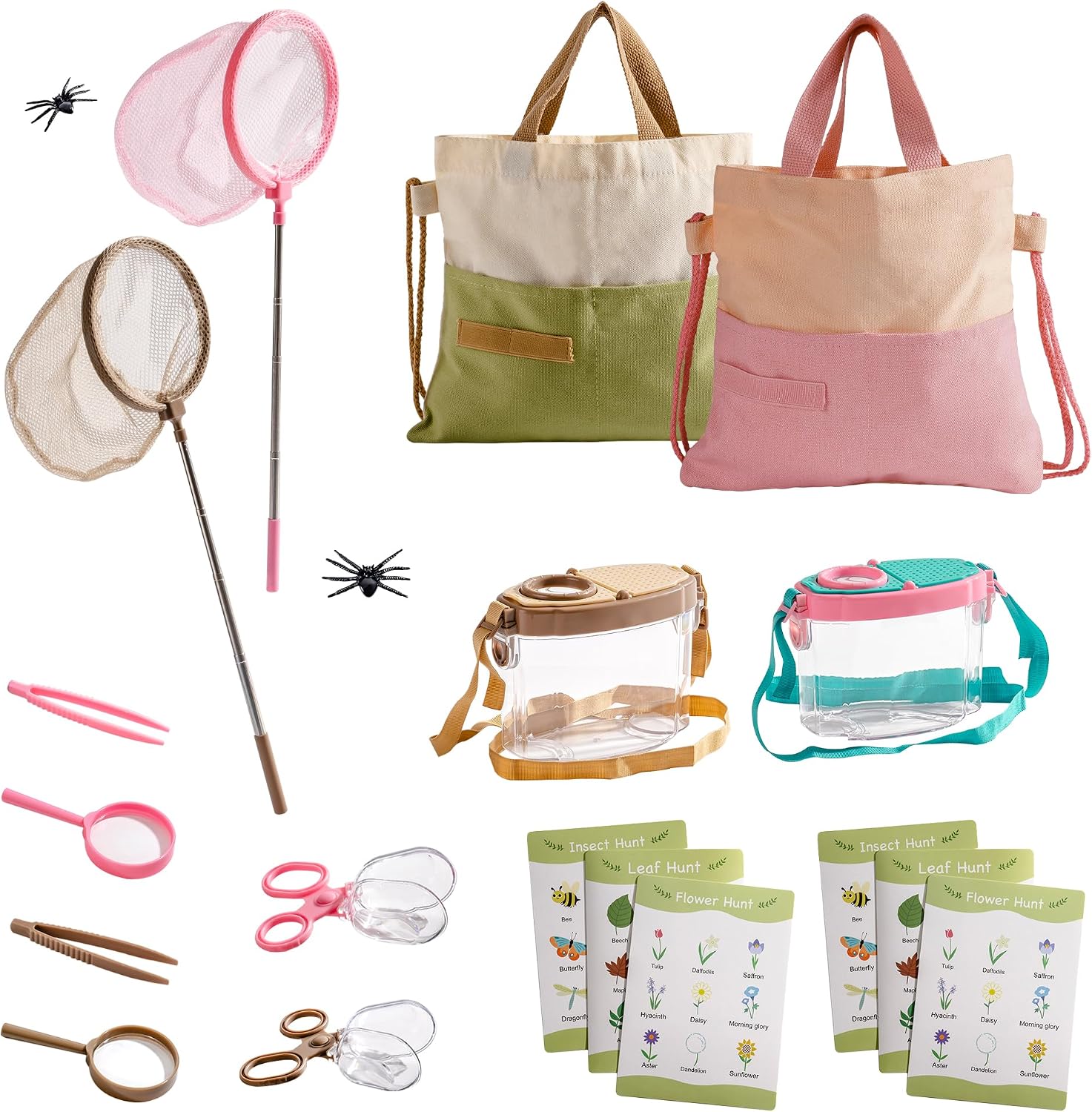ROBOTIME Twin Color Catcher Kit for Kids: 2-Person Outdoor Explorer Set with Green & Pink Gear | Complete Hunting Kit for Siblings & Friends Ages 3+