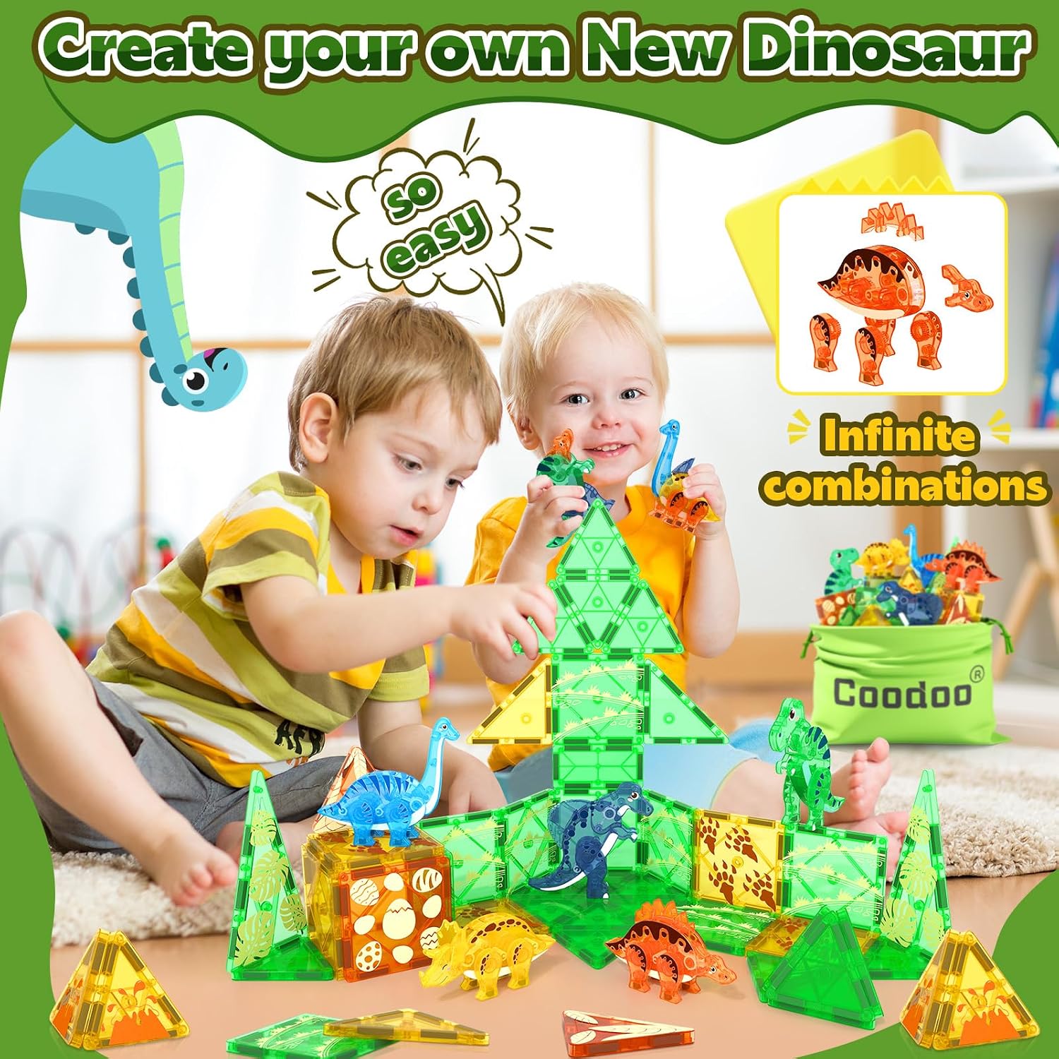 Coodoo Dinosaur Toys Magnetic Tiles 3D Movable Dinos for Kids 3-5 5-7 Toddler Outdoor Sensory Toys, STEM Educational Magnetic Blocks for 3+ Years Old Boys Girls Kids Toy - Image 4