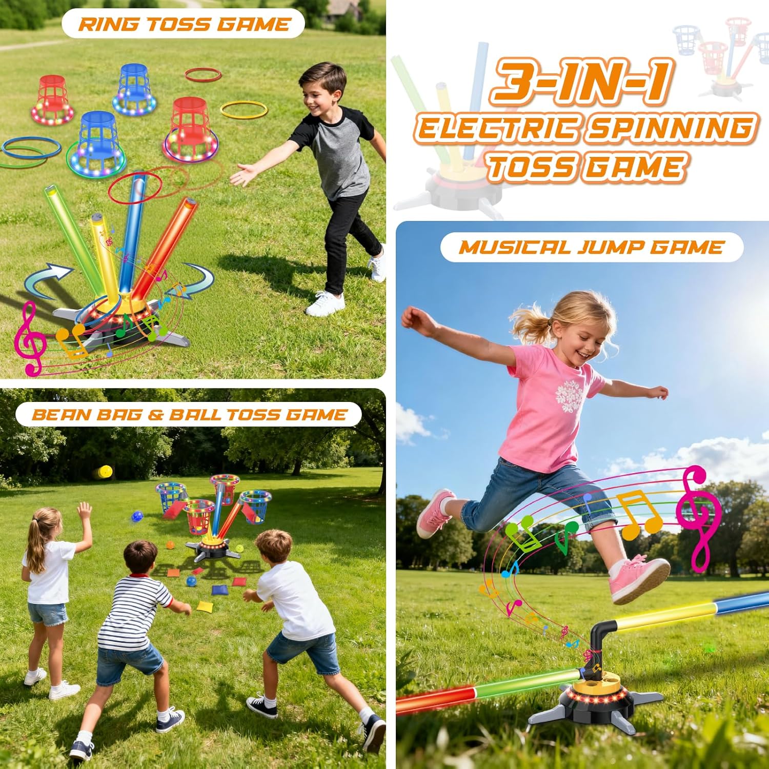 VATOS 3 in 1 Bean Bag & Ring Toss Game, Musical Jumping for Kids, Electric Spinning Base with Remote, Lights, 12 Sandbags, 12 Tossing Rings, 12 Balls, Indoor Outdoor Backyard Sport Toy for Boy Girl 3+ - Image 6