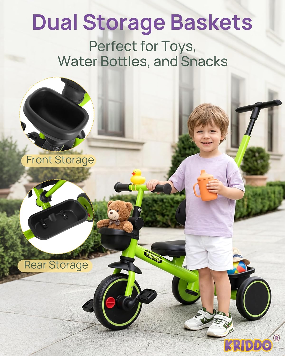 KRIDDO 2-in-1 Tricycle for Toddlers 1.5-5 Years, Push Tricycle with Parent Steering & Detachable Handle, 9-Stage Adjustable Handlebar, Toddler Trike with Safety Belt, Clutch Pedals & Dual Baskets, GN - Image 5