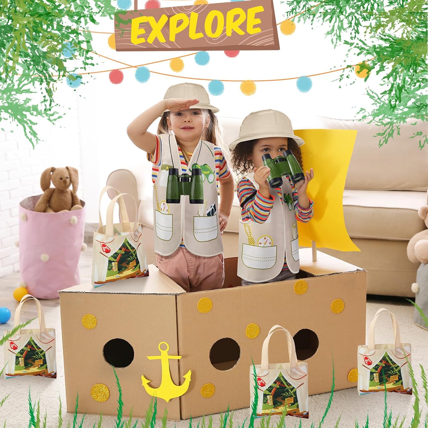 Haysandy 48 Pcs Kids Explorer Costume Set Include Plastic Explorer Safari Hats Jungle Party Vest Safari Tote Bag Adventure Binoculars for Kids Activities Jungle Zoo Birthday Party Supplies Favors - Image 5