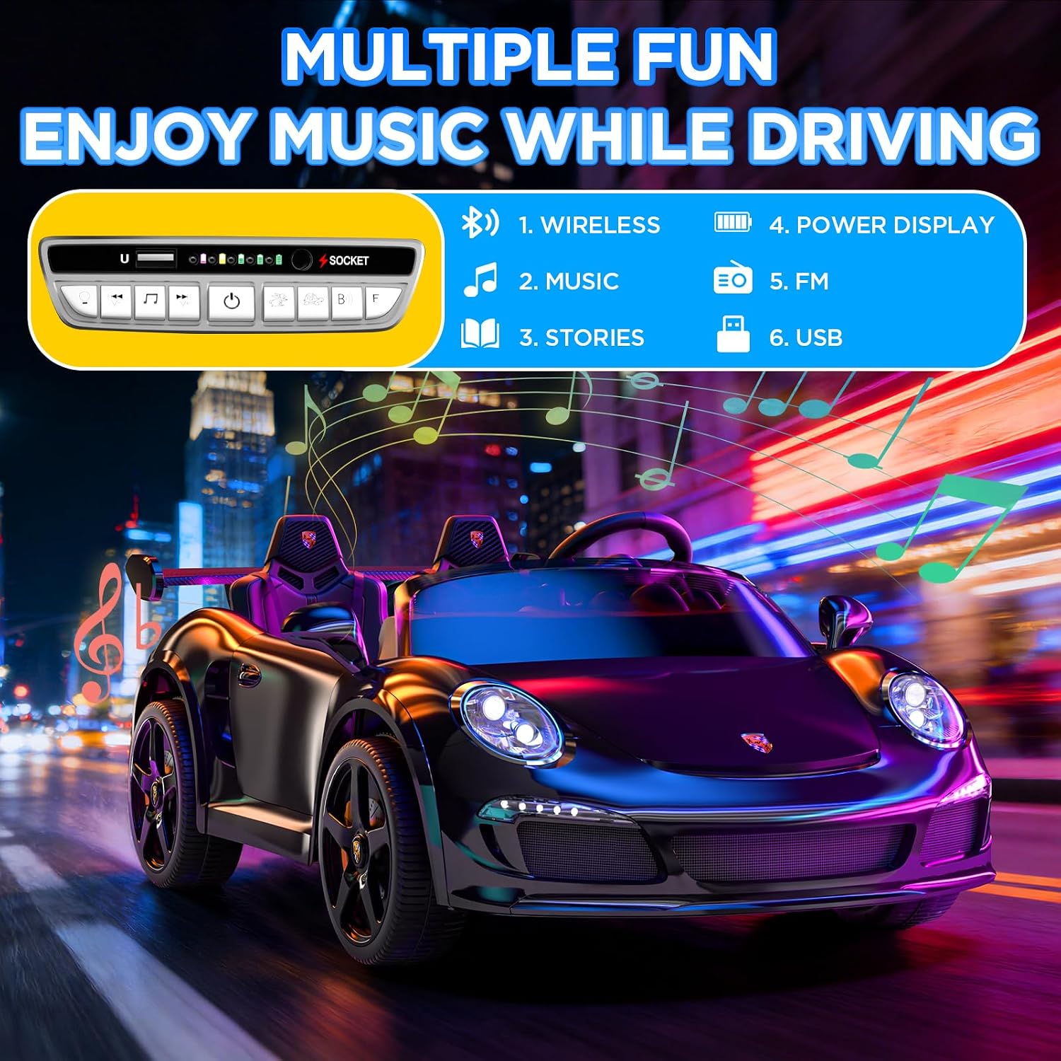 24V Kids Ride on Car for Big Kids, 2 Seaters RUF Licensed Sports Car, 4WD Kids Electric Car, Ride on Toys, Remote Control, Features Music, Story, Wireless Connection, Ideal Present for Kids - Image 3