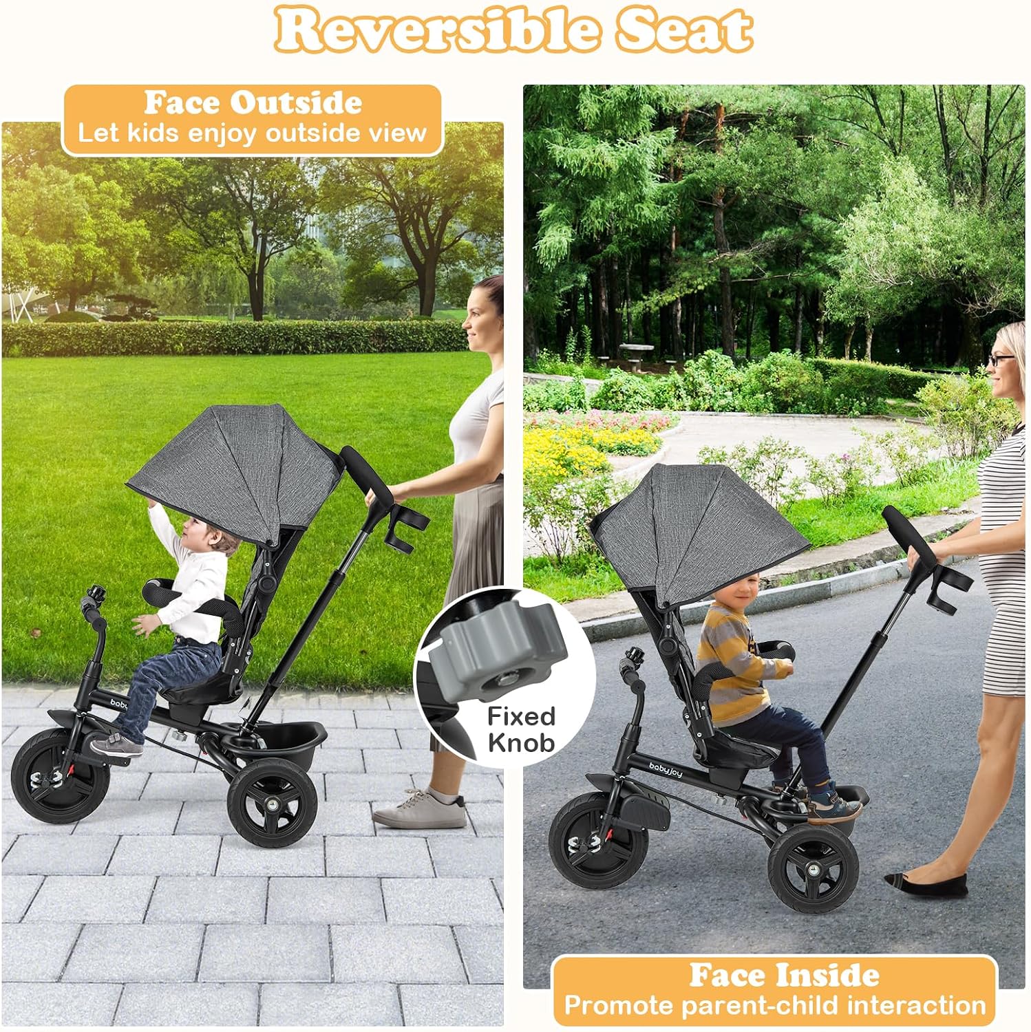 BABY JOY Tricycle, 6 in 1 Trike for Toddler w/Reversible Seat, Adjustable Canopy & Parent Handle, 5-Point Safety Belt, PU Wheels and Storage Basket, Push Tricycle for 9-60 Months (Gray) - Image 6
