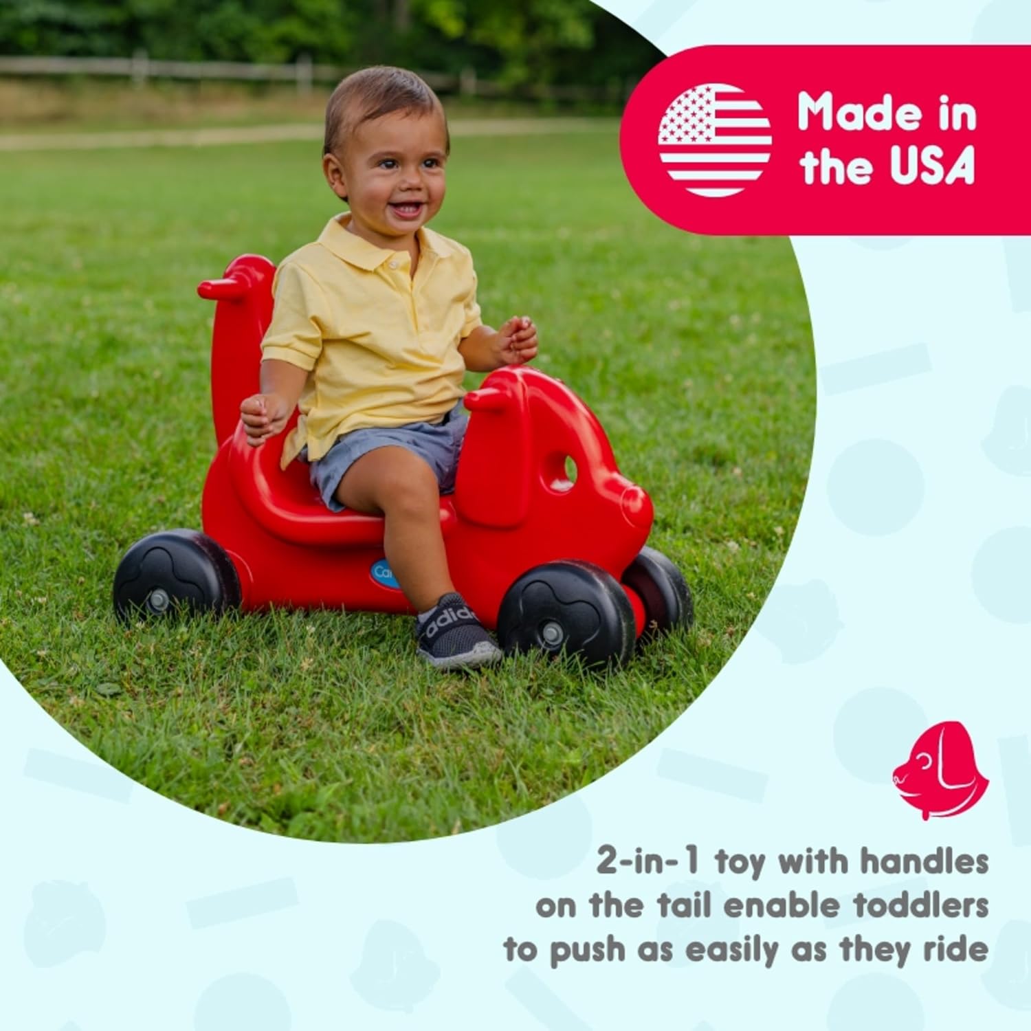 Careplay 2-in-1 Puppy Push & Ride-on Toy, Indoor & Outdoor Use, Low Profile Seat, Recommended for Children up to 50lbs, Durable Construction, Made in The USA, Red - Image 2