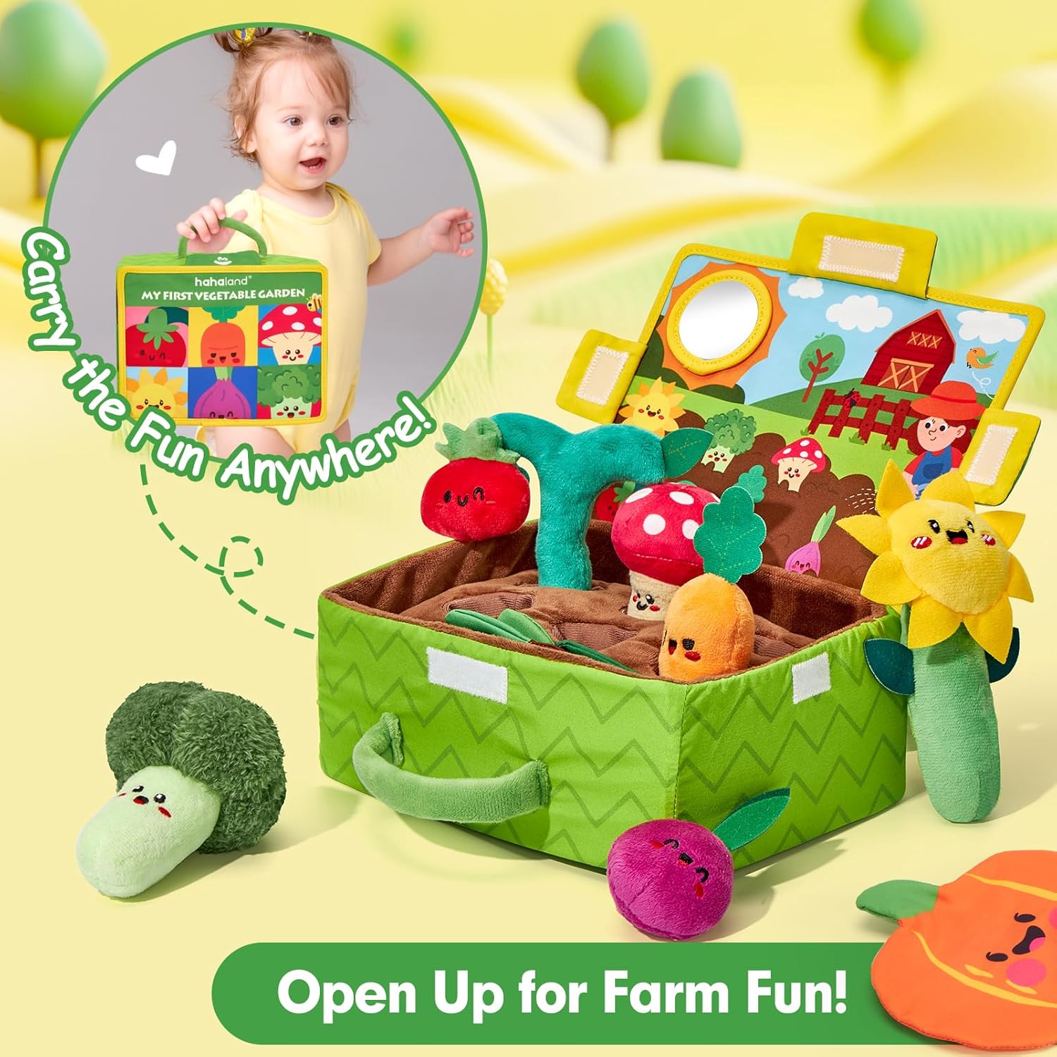 hahaland Baby Toys 6-12 Months - Fruits Vegetables Garden Plant Farm Plush | 6 Month Old Montessori Sensory Toys Carrot Flower with Rattles Mirror Squeaker Crinkle Tissues, 9 Month Old Gifts for Babies - Image 5