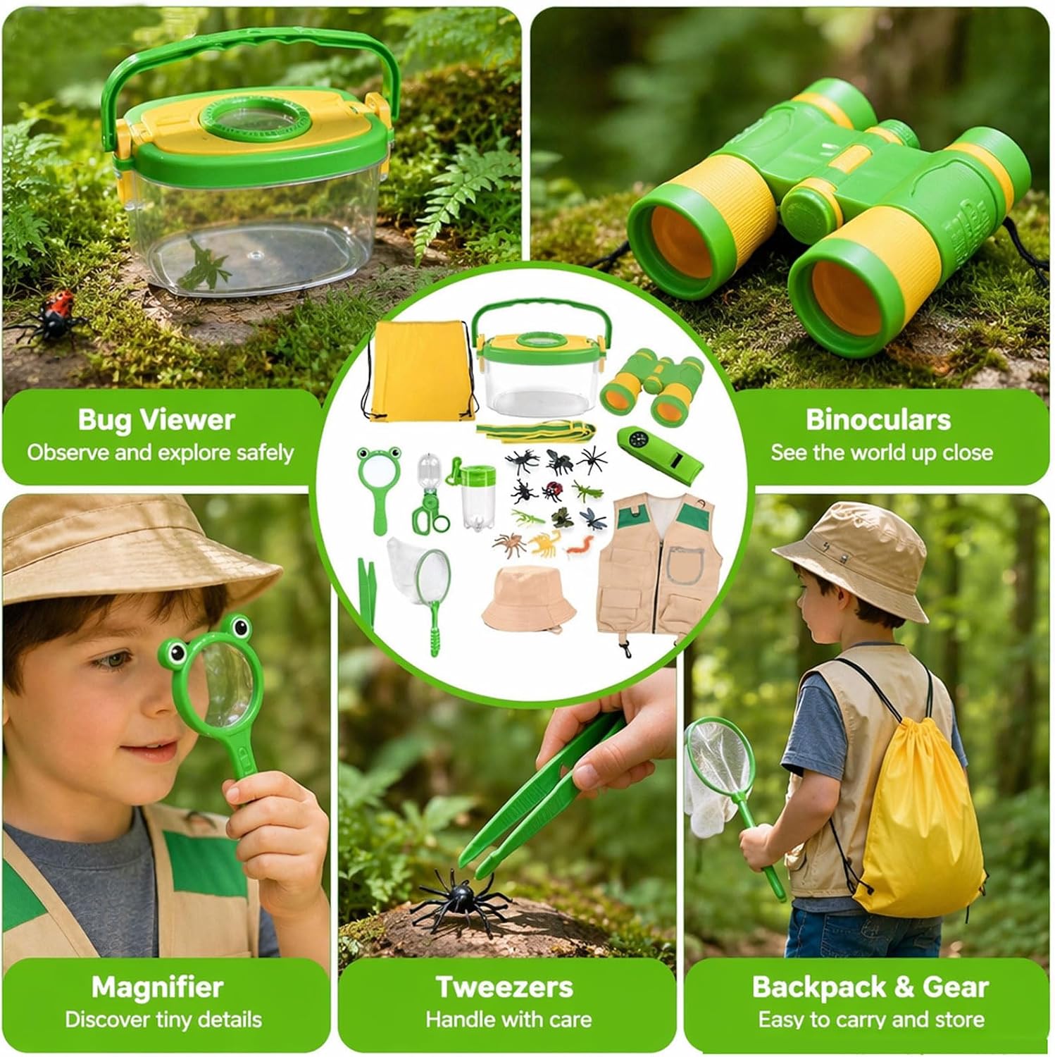 Kids Explorer Kit & Bug Catcher Kit, 23 Pcs Outdoor Adventure Set with Vest & Hat, Binoculars, 12 Insect Figures,Camping Hiking Toys Gift for Boys Girls Age 3-8 - Image 7