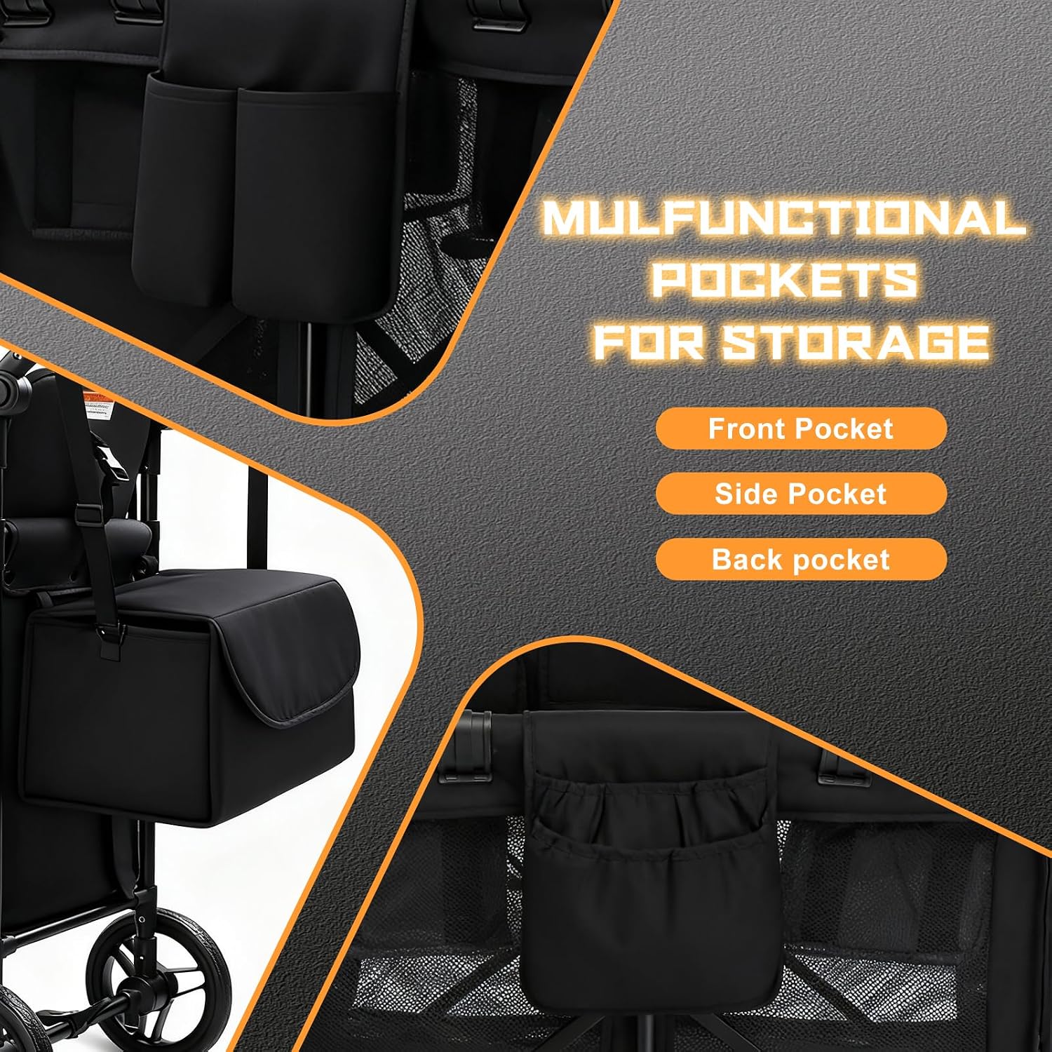 Wagon Stroller for 2 Kids, Foldable All-Terrain Wagon for Kids with Canopy, Adjustable Push and Pull Handles,Convertible High Seat & Organizer, 5 Point Harness (Black) - Image 4