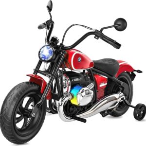 Licensed BMW R18 Cruiser Kids Motorcycle – 24V Motorcycle for Big Kids with Brushless Motor, RGB Lights, Twist-Grip Throttle, Handbrake, Removable Training Wheels, Air-Filled Tire, Red